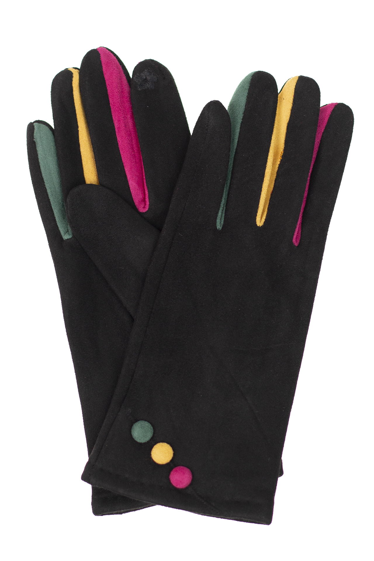 На фото 1 - Велюровые женские перчатки с разноцветными вставками, цвет чёрный