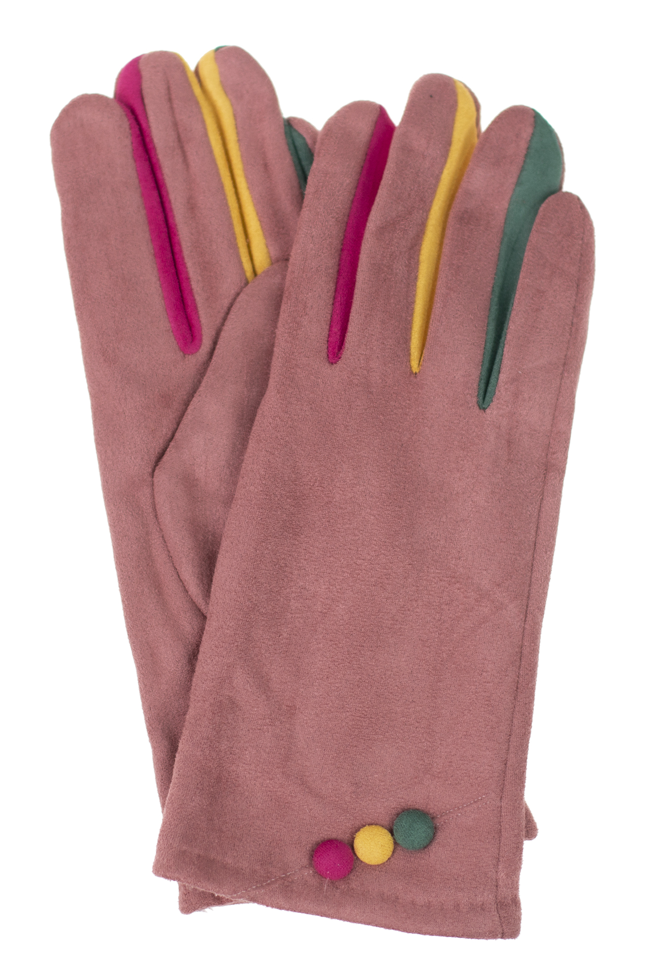 На фото 1 - Велюровые женские перчатки с разноцветными вставками, цвет тёмно-розовый