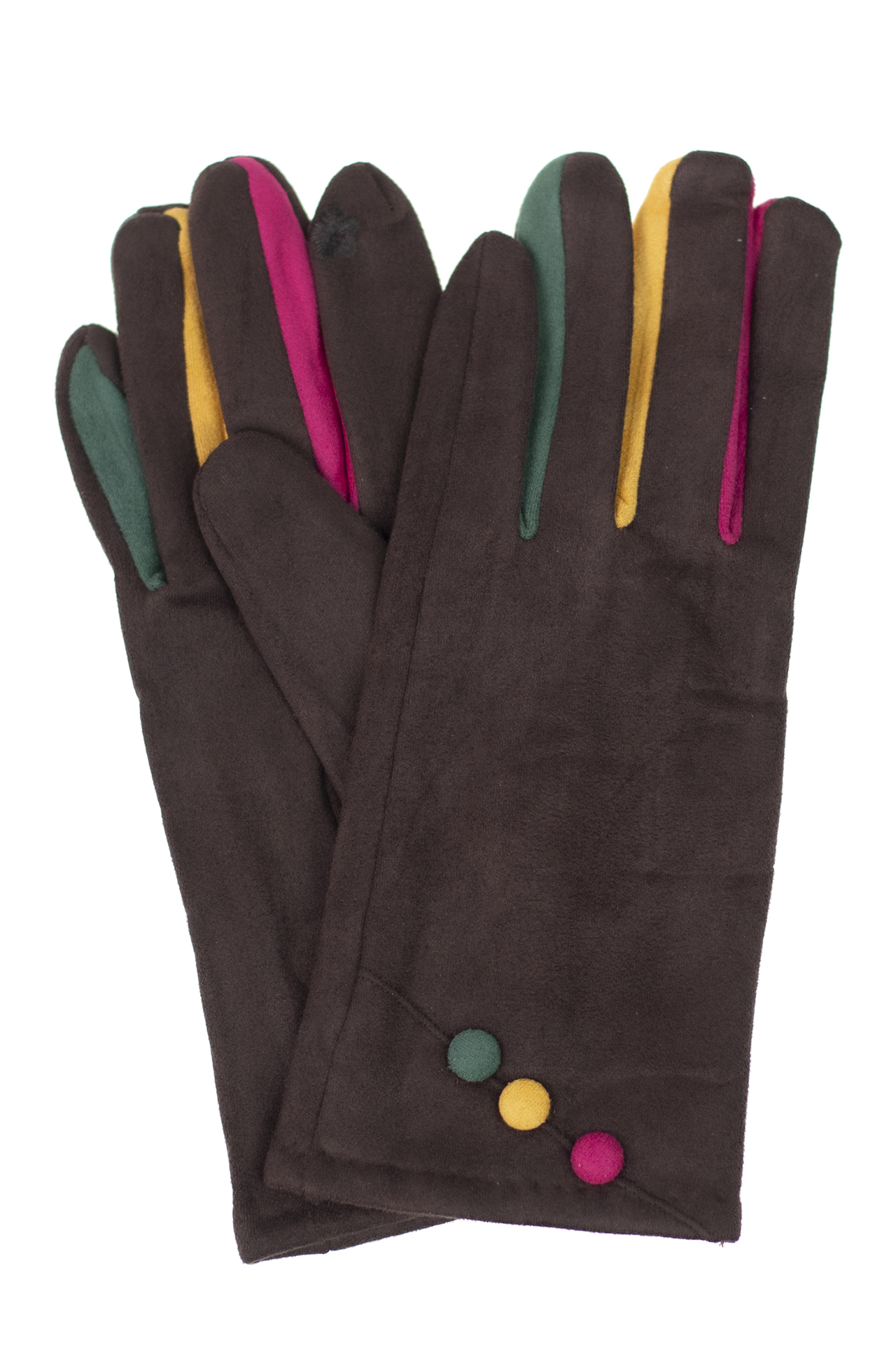 На фото 1 - Велюровые женские перчатки с разноцветными вставками, цвет шоколад