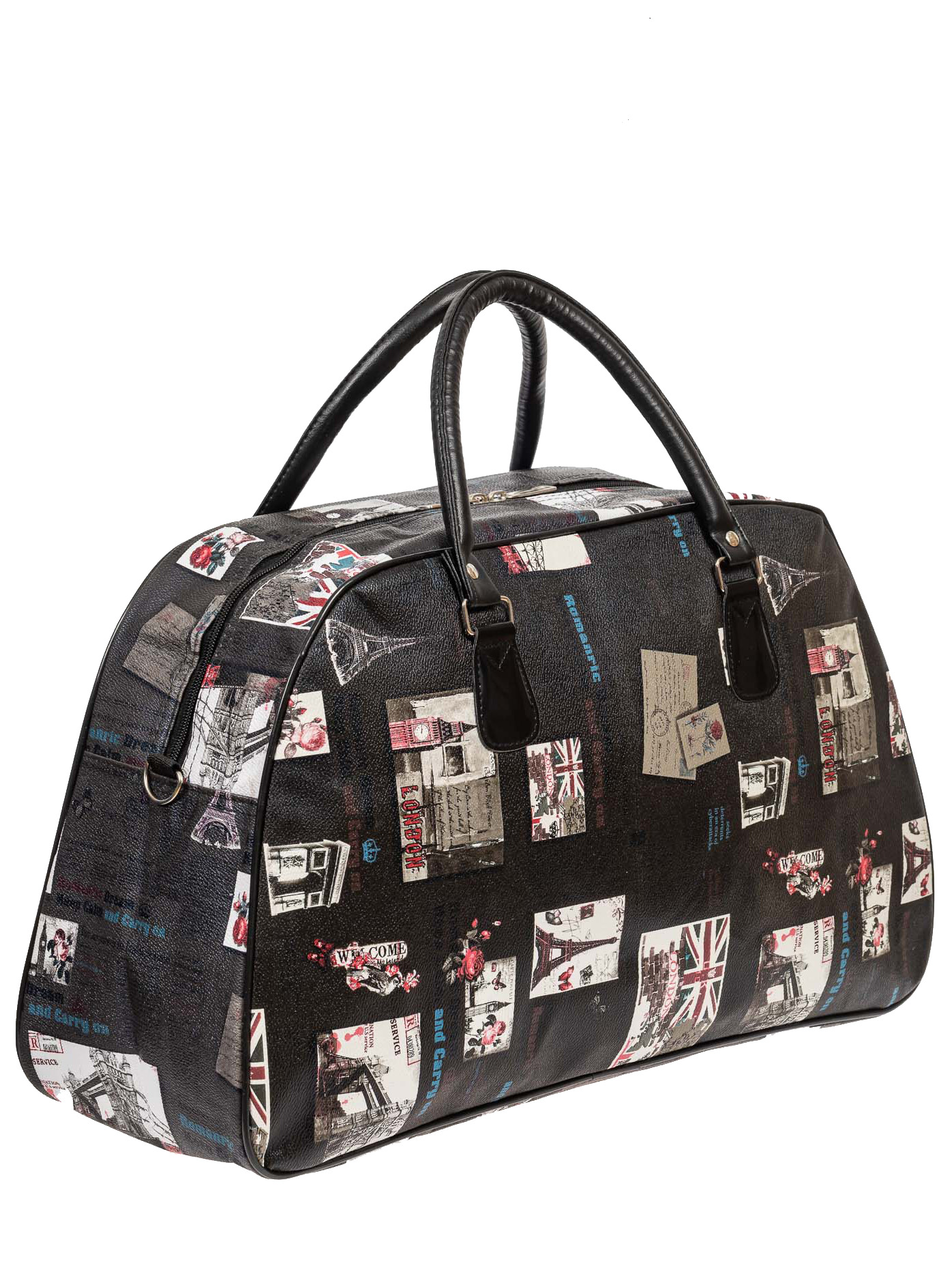 На фото 1 - Женская дорожная сумка из ПВХ с принтом, цвет тёмно-серый