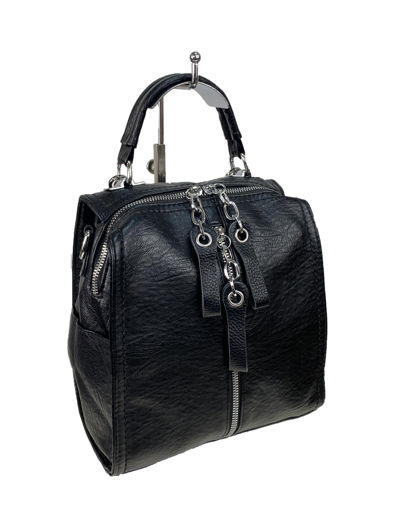 На фото 2 - Женская сумка-рюкзак трансформер из искусственной кожи, цвет черный