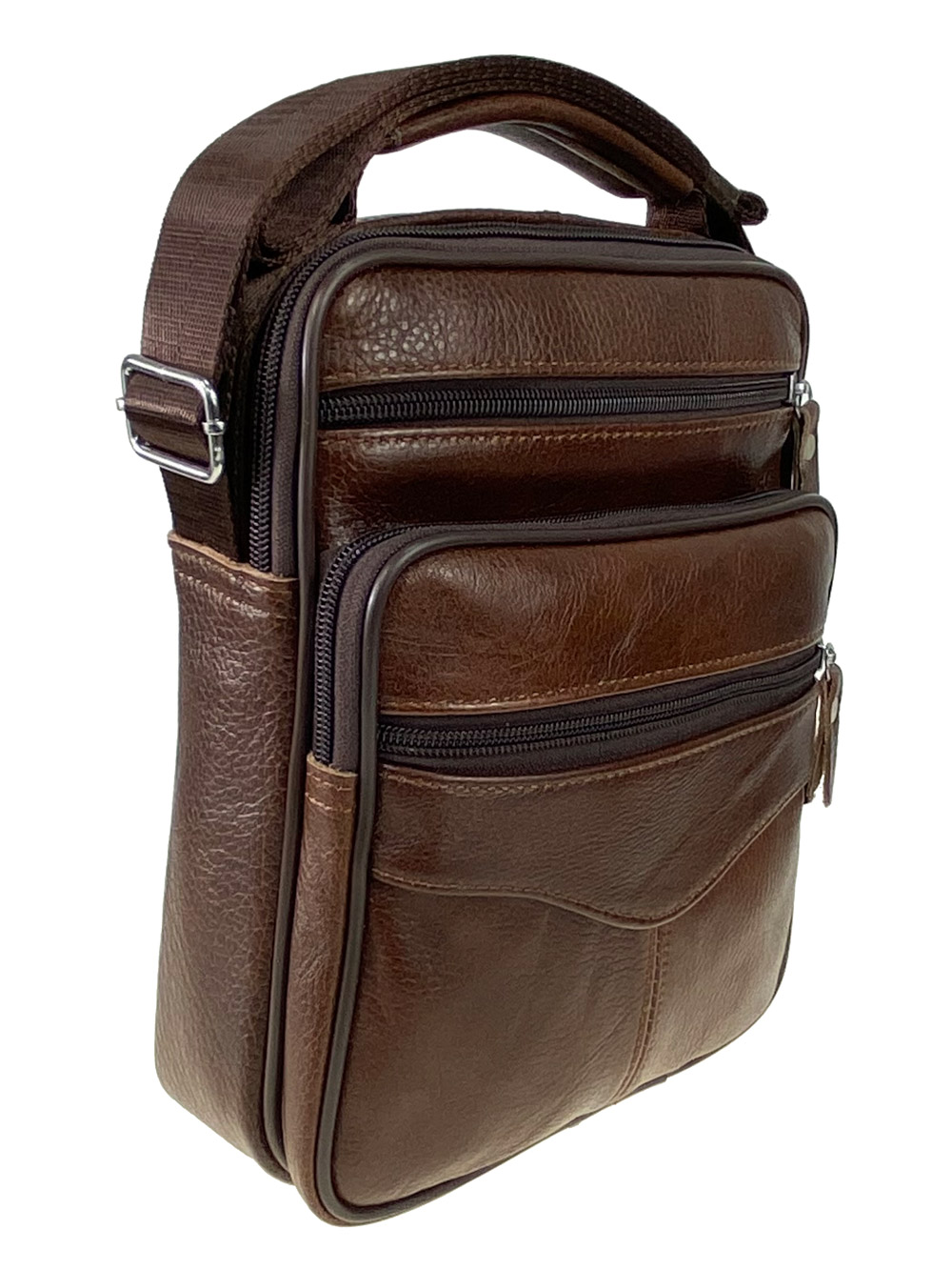 На фото 1 - Кожаная мужская сумка через плечо, цвет коричневый