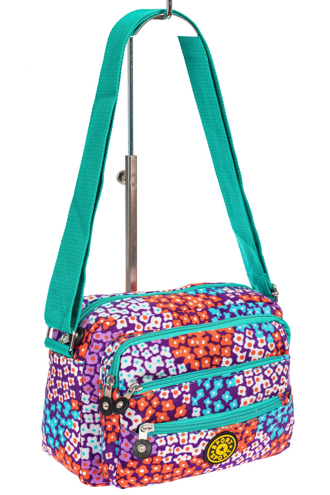 На фото 1 - Женская текстильная сумка кросс-боди в мелкий цветочек, мультицвет 