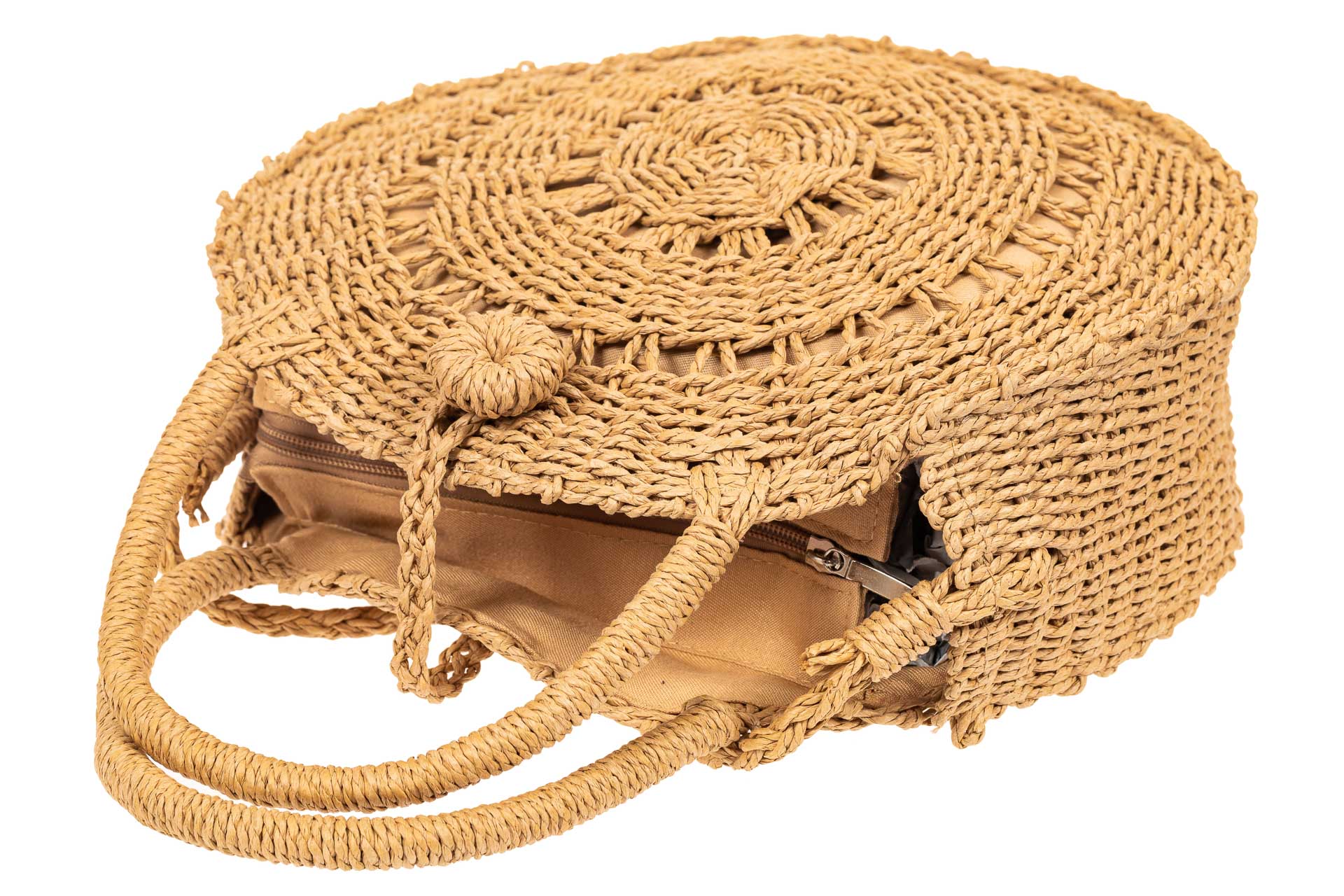 На фото 4 - Круглая плетеная сумка из соломы, цвет крафт