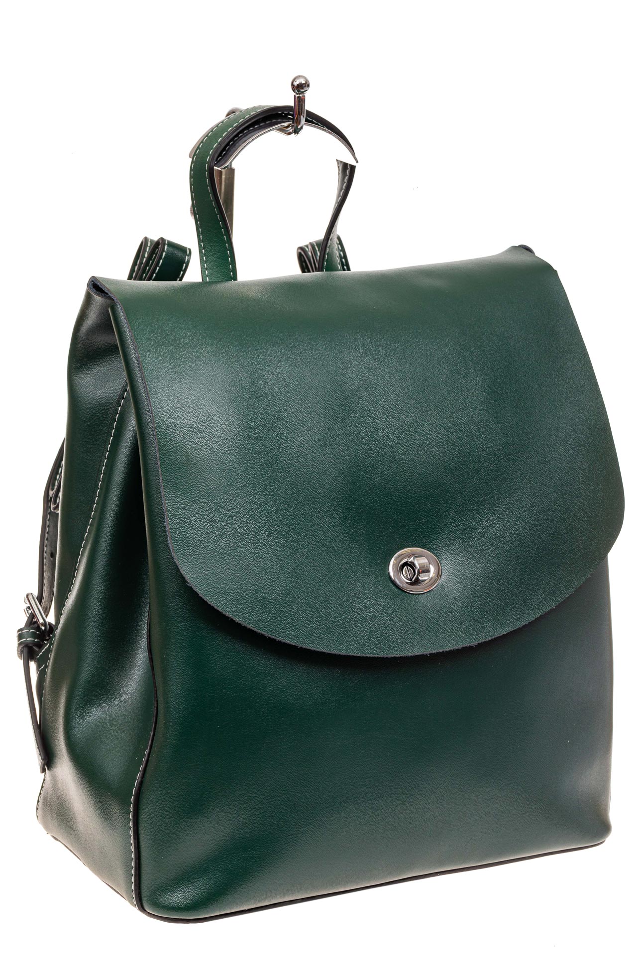 На фото 1 - Классический женский рюкзак трансформер из натуральной кожи, цвет зеленый