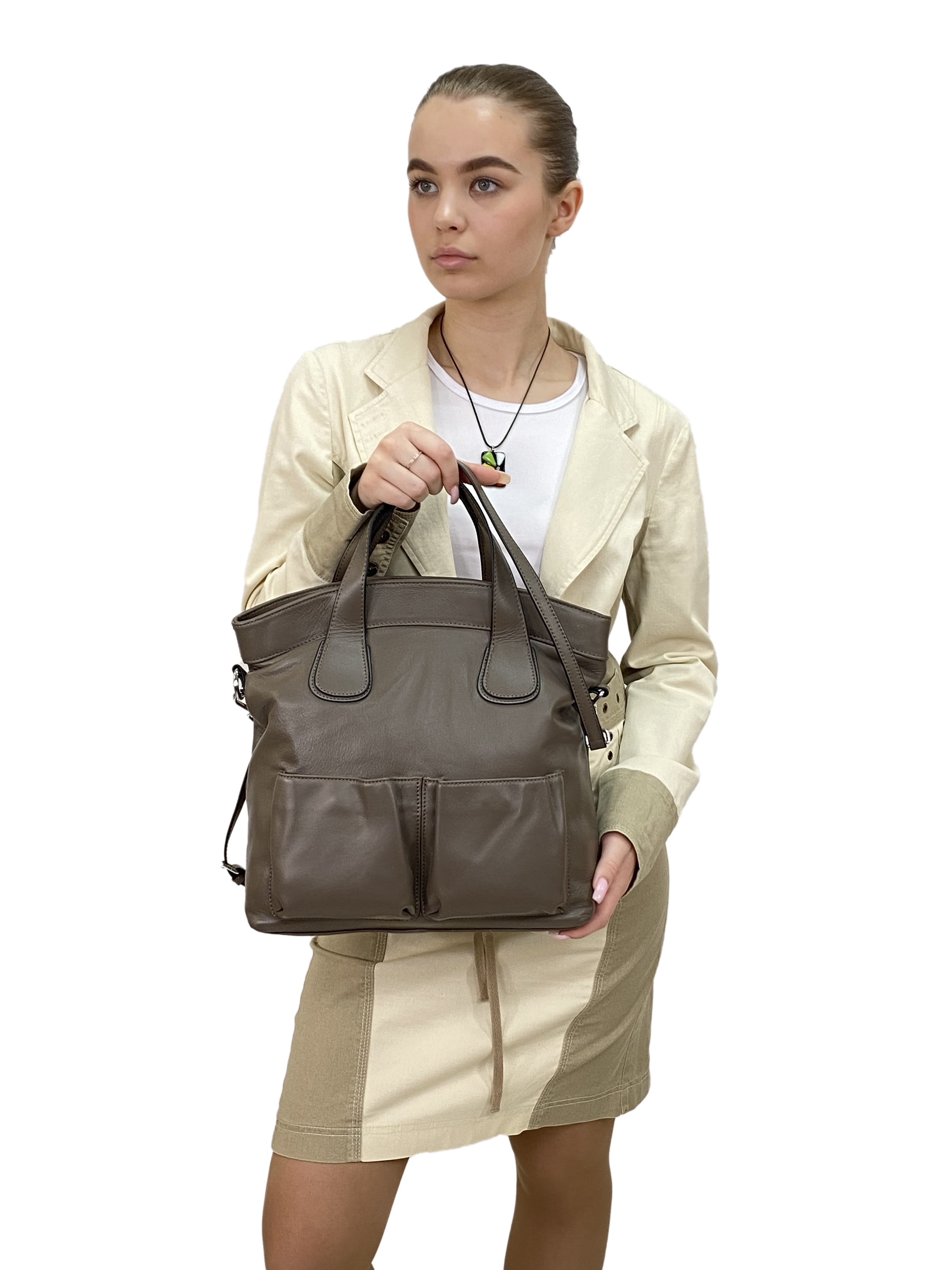 На фото 2 - Женская сумка тоут из натуральной кожи, цвет хаки