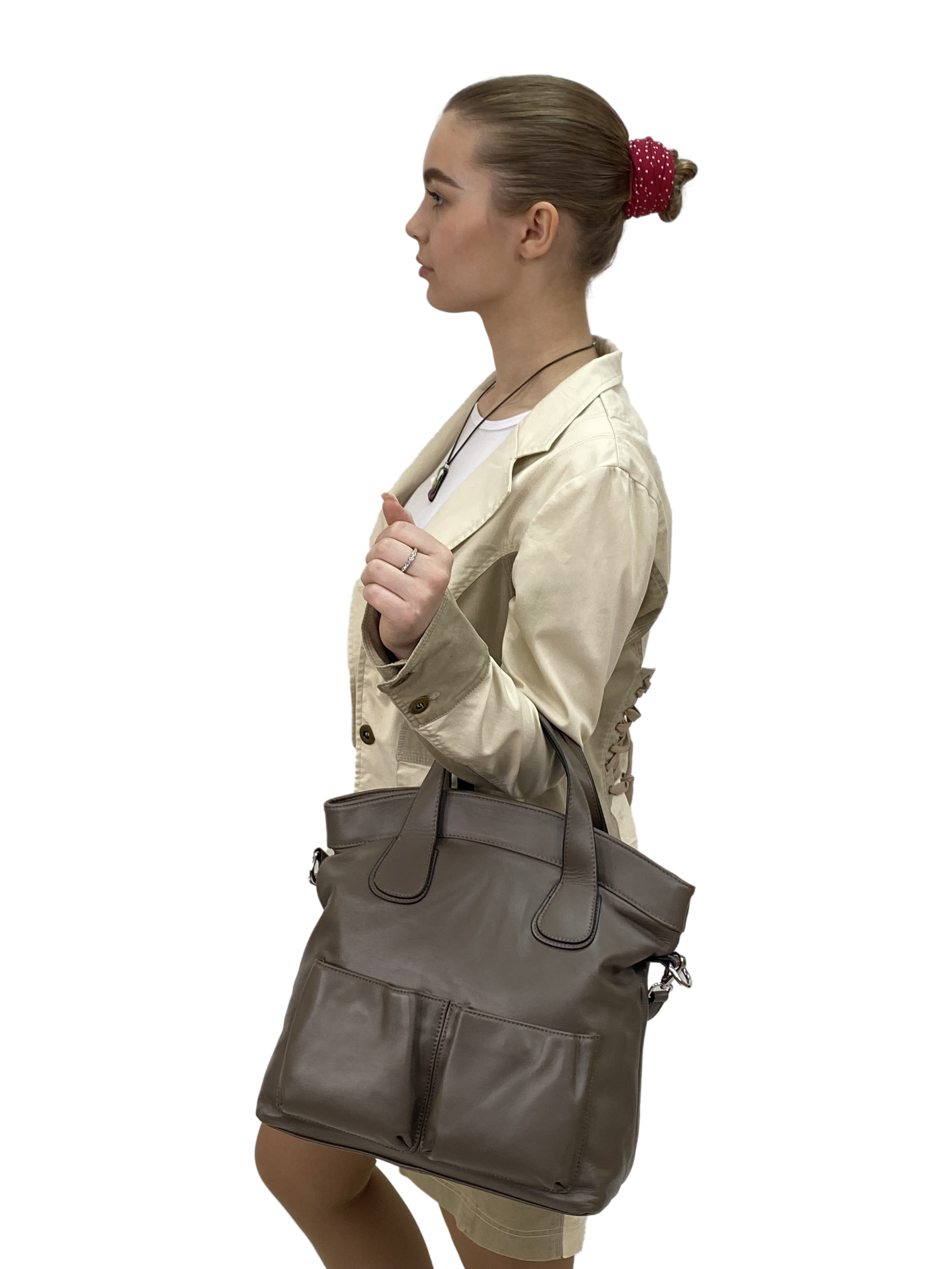 На фото 3 - Женская сумка тоут из натуральной кожи, цвет хаки