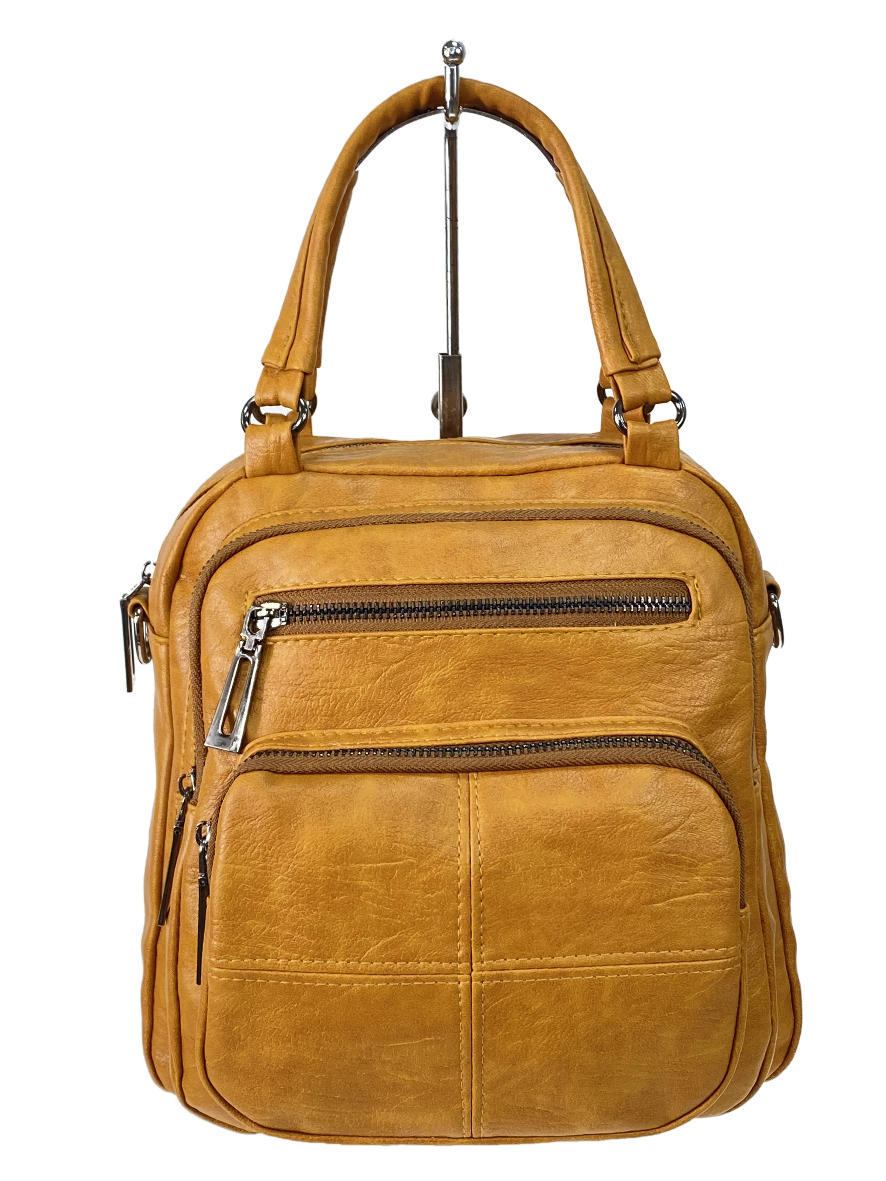 На фото 2 - Женская сумка-рюкзак трансформер из искусственной кожи, цвет горчичный