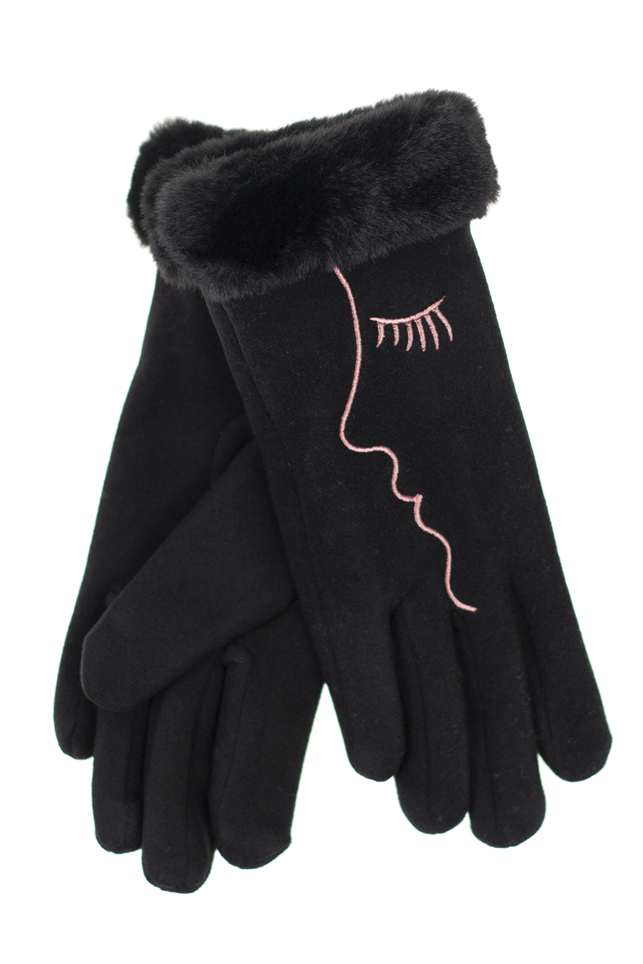 На фото 1 - Женские перчатки с искусственным мехом и дизайнерской вышивкой, цвет чёрный