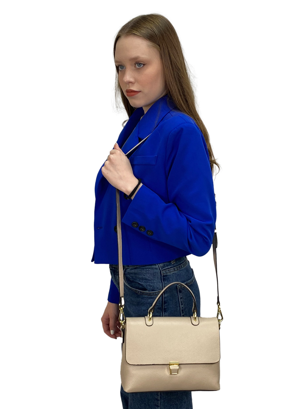 На фото 1 - Небольшая женская сумка из натуральной кожи, цвет  светло бежевый