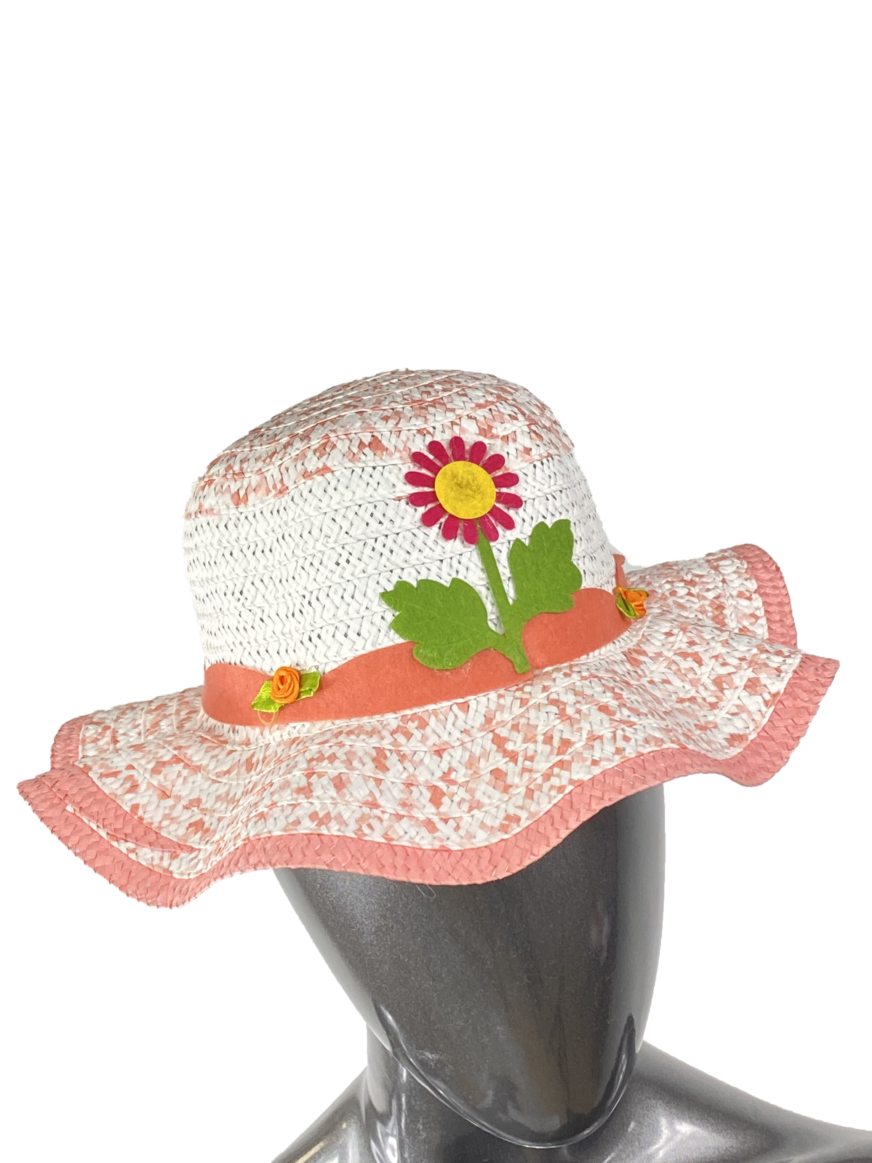 На фото 2 - Детская плетёная шляпка с декором, цвет белый с розовым