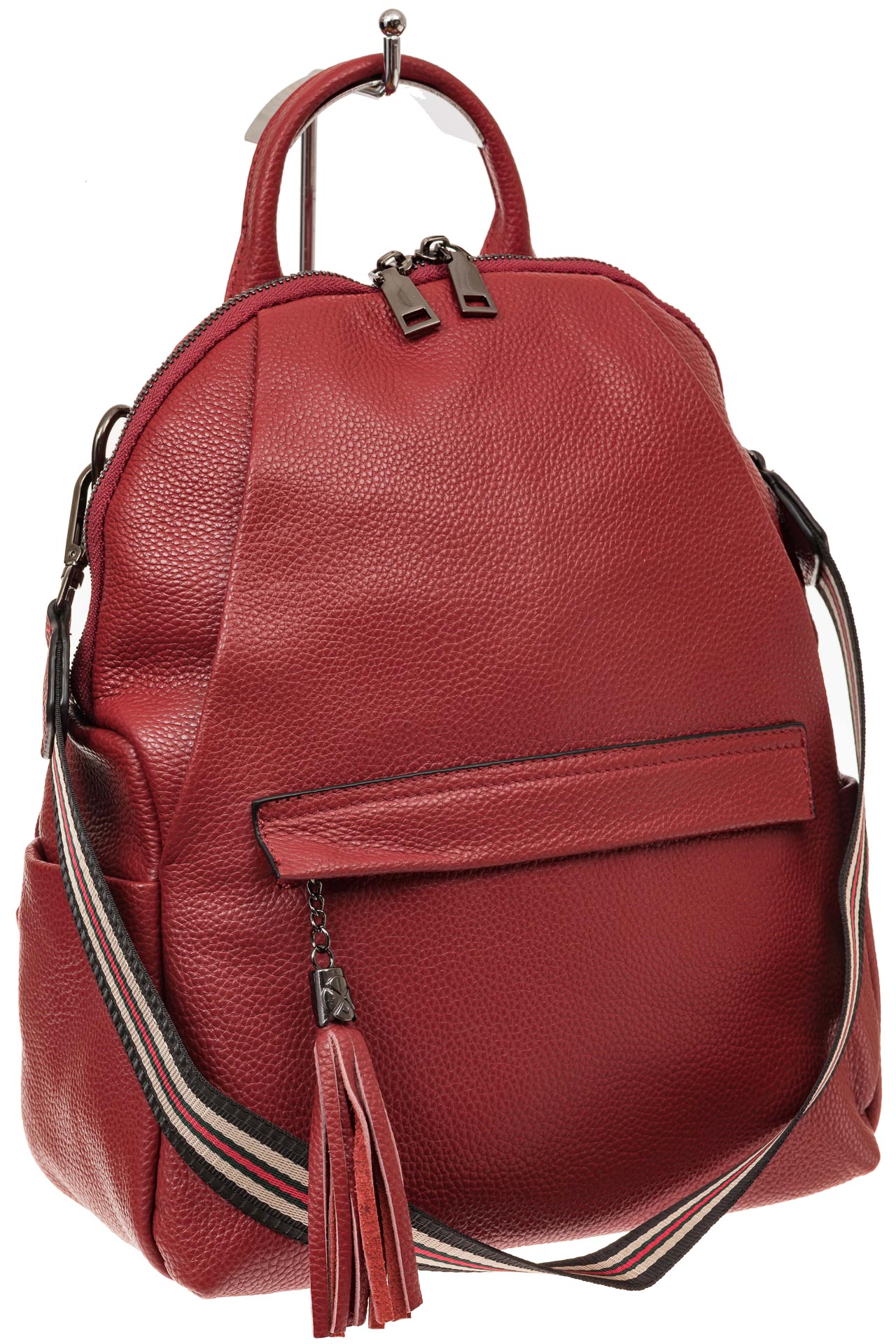 На фото 1 - Рюкзак из натуральной кожи с потайным карманом, цвет красный