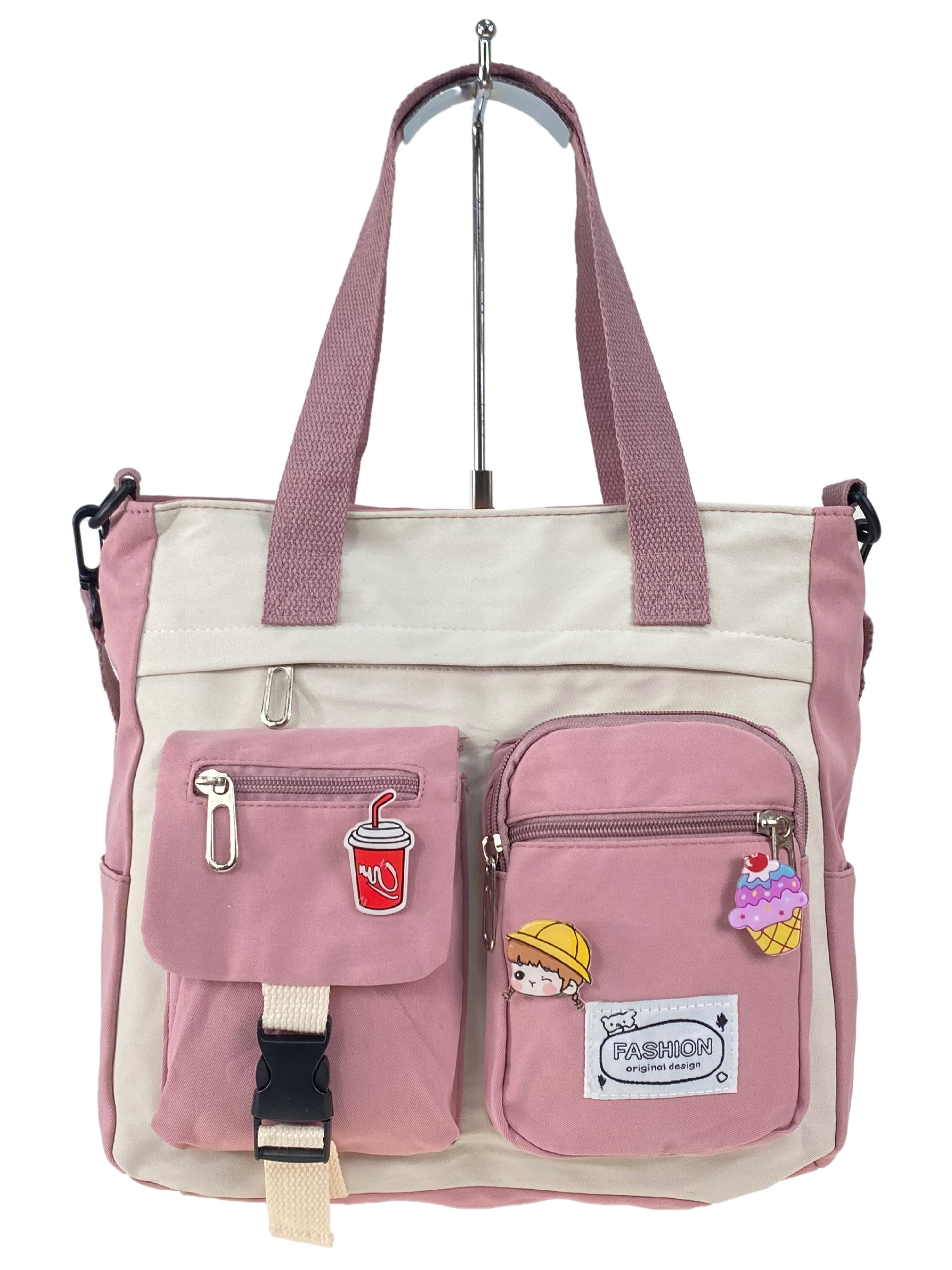 На фото 2 - Молодежная  сумка шоппер из текстиля, цвет белый с розовым