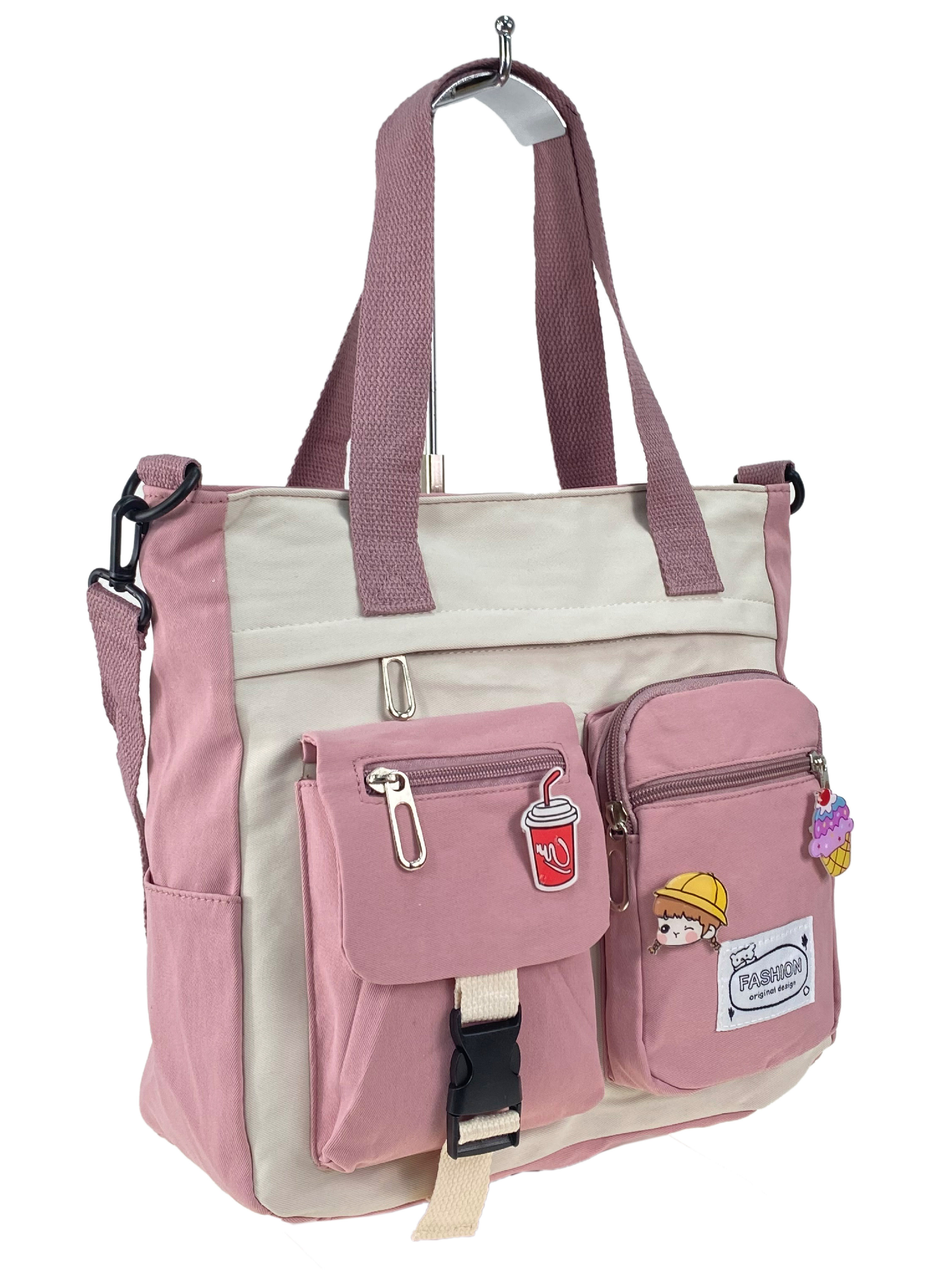 На фото 3 - Молодежная  сумка шоппер из текстиля, цвет белый с розовым