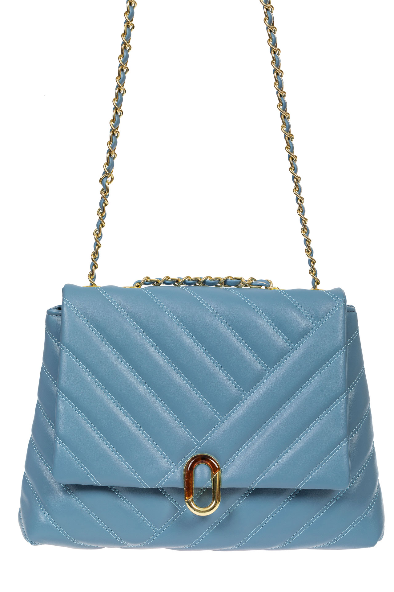 На фото 2 - Стёганая женская сумка из экокожи с ручками-цепочками, цвет голубой