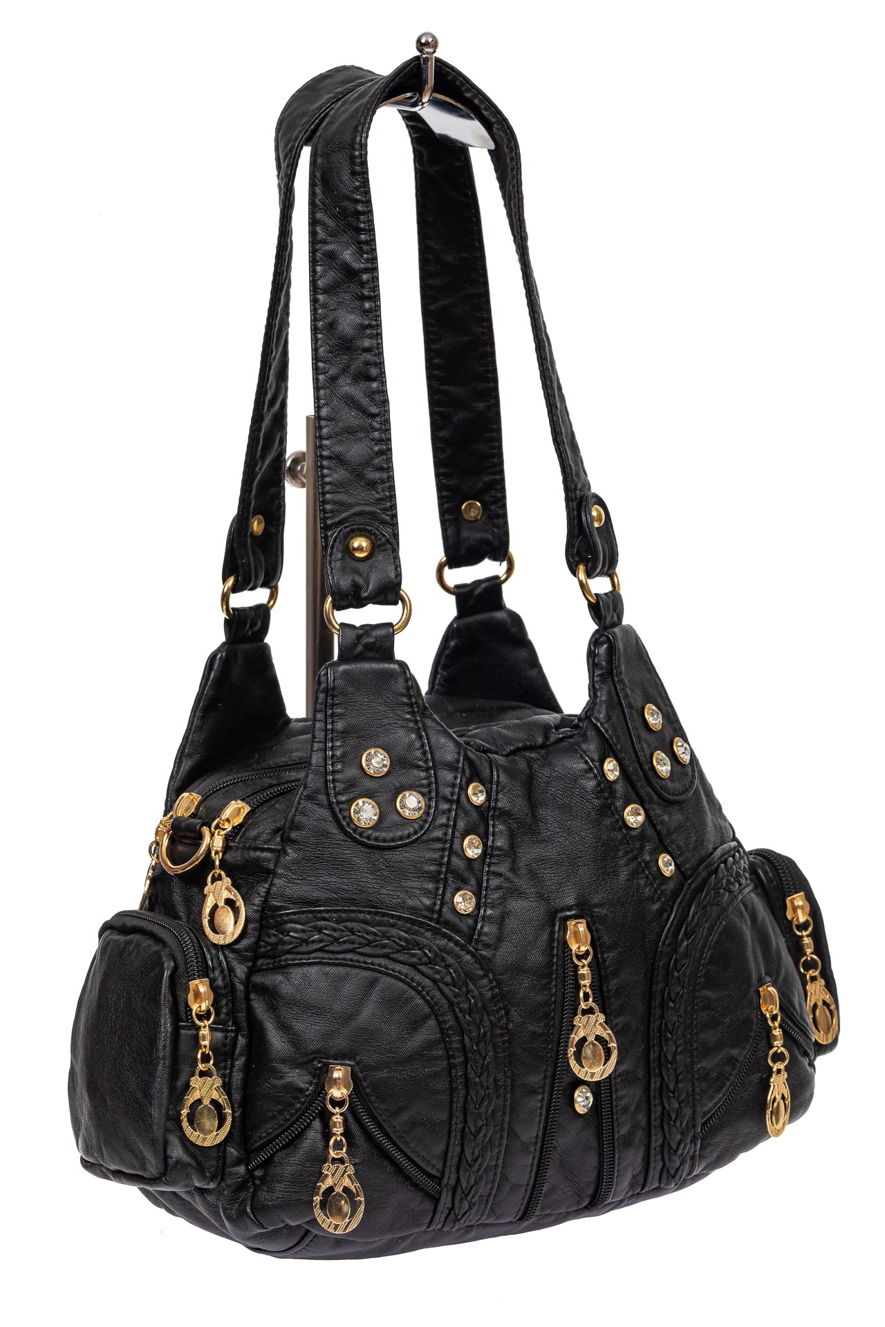 На фото 1 - Мягкая женская сумка хобо со стразами, цвет чёрный