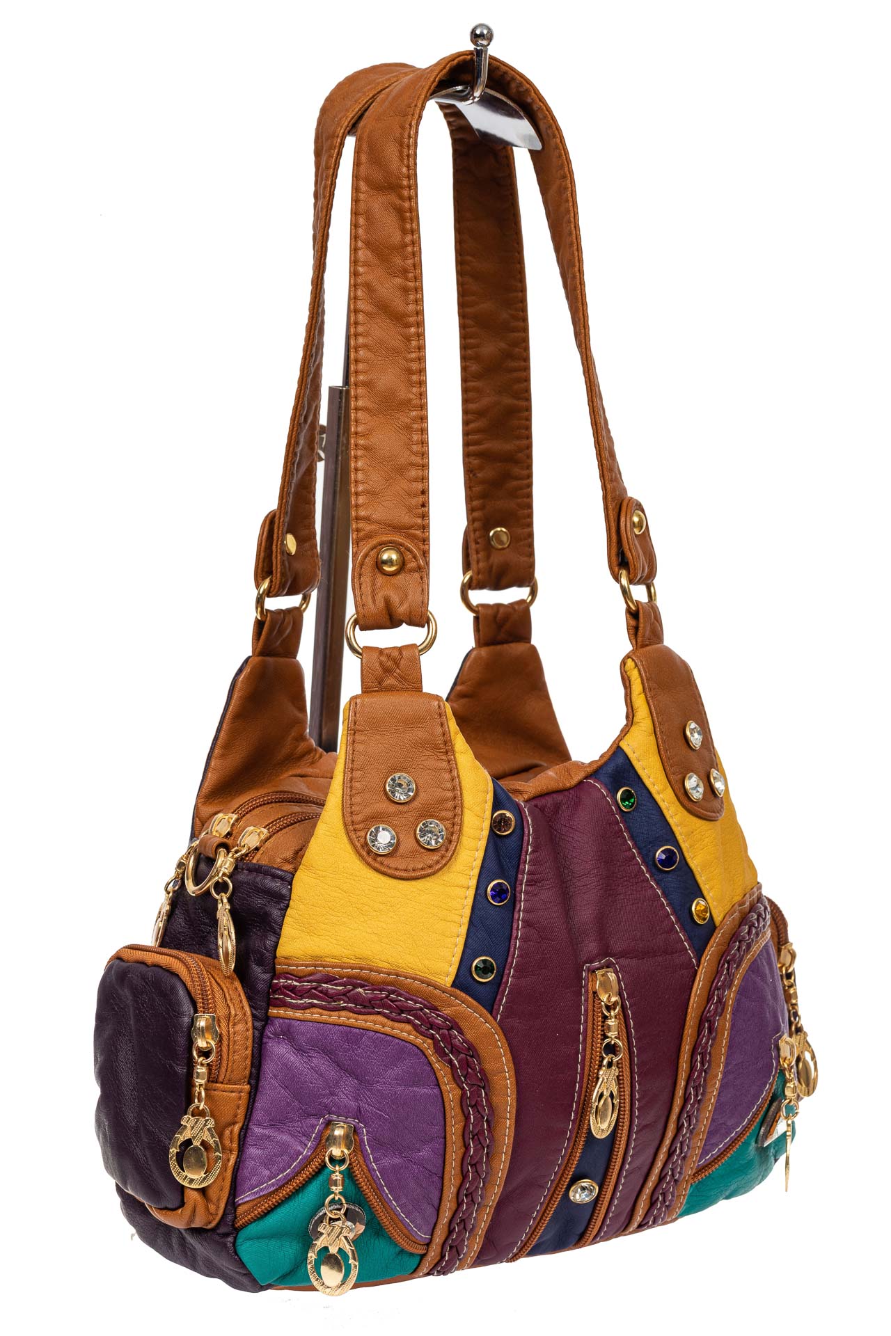 На фото 1 - Мягкая женская сумка хобо со стразами, цвет фиолетовый с жёлтым и рыжим
