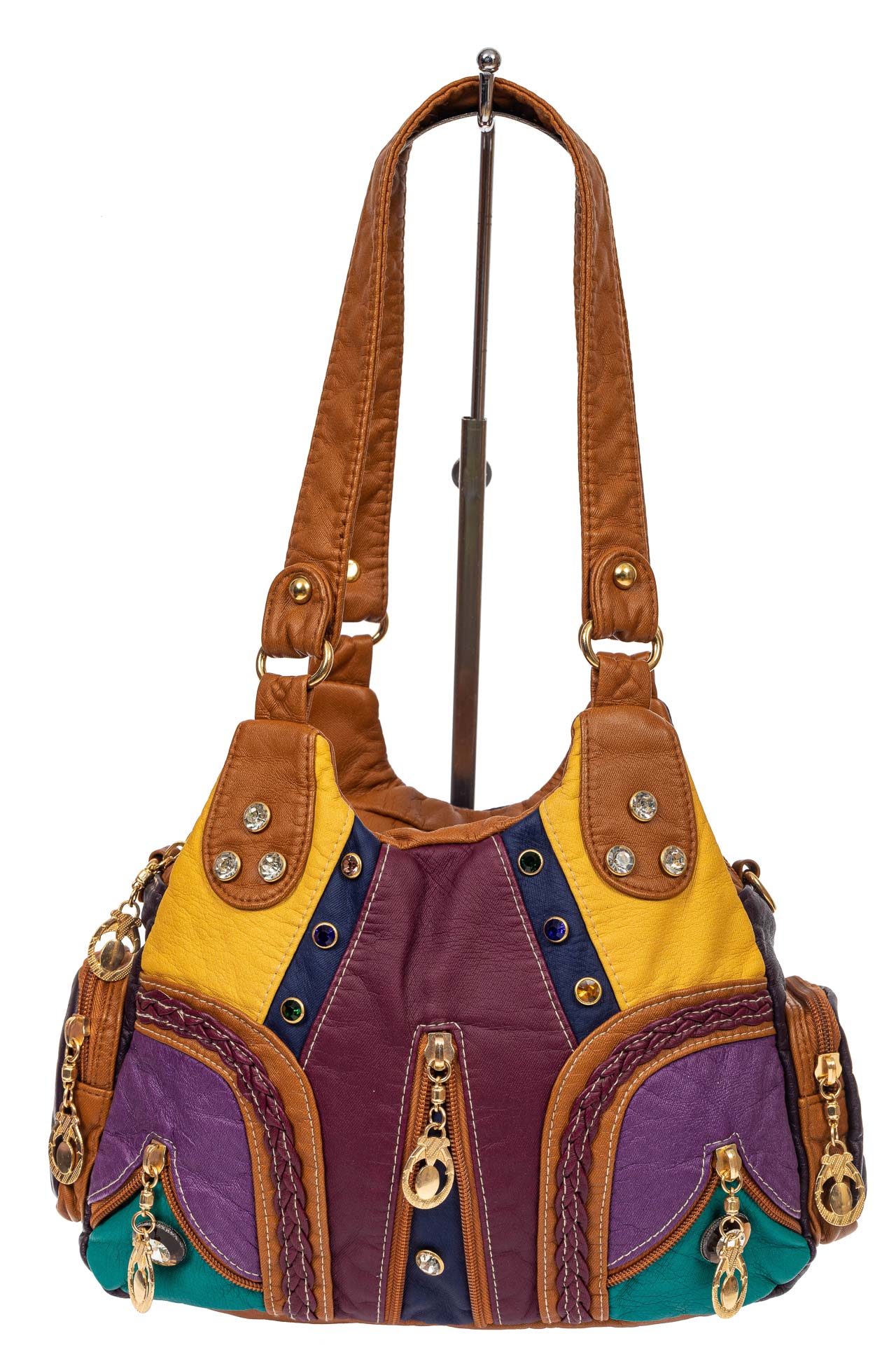 На фото 2 - Мягкая женская сумка хобо со стразами, цвет фиолетовый с жёлтым и рыжим