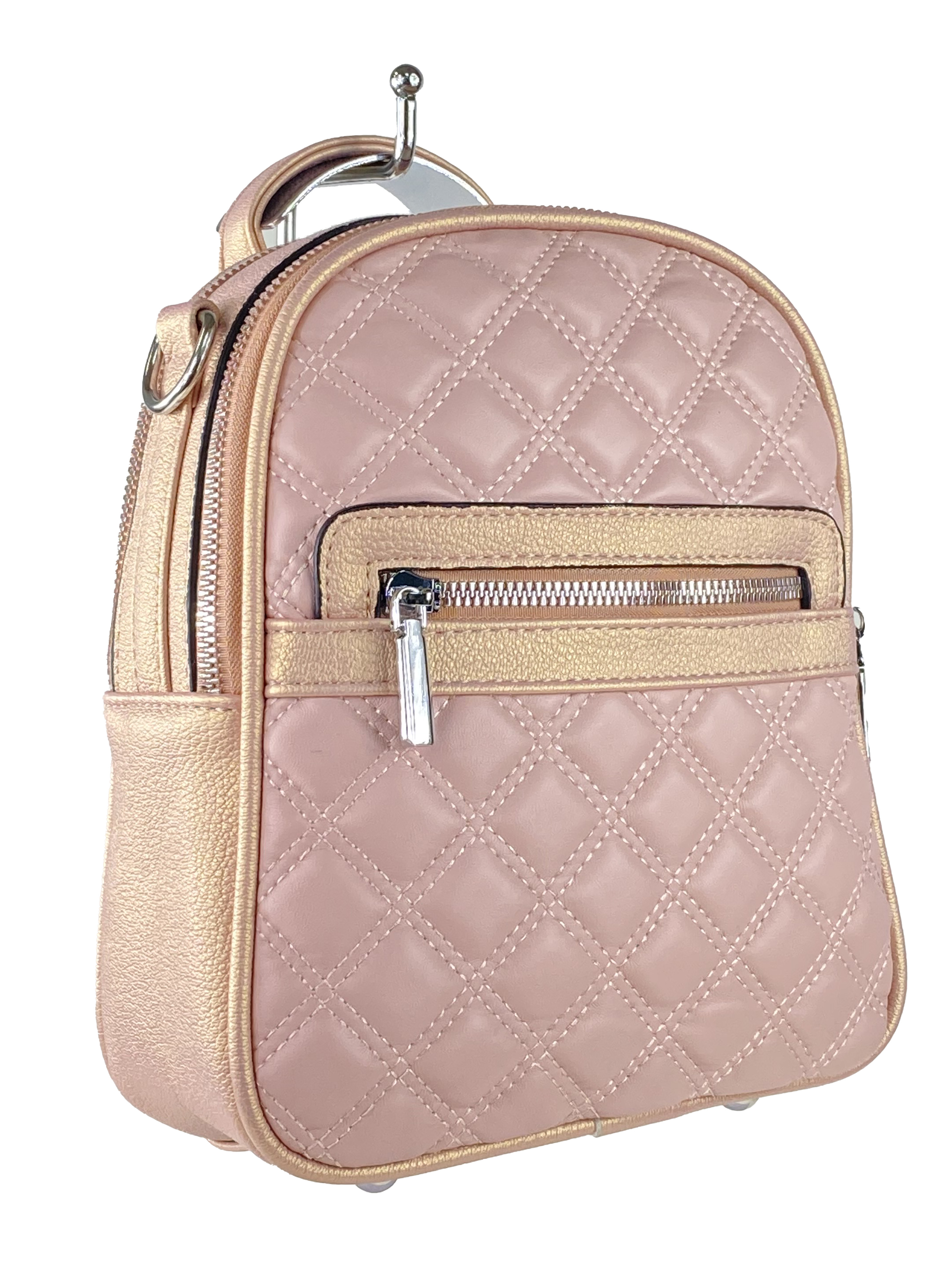 На фото 1 - Женская стёганая сумка-рюкзак из искусственной кожи, цвет розовый