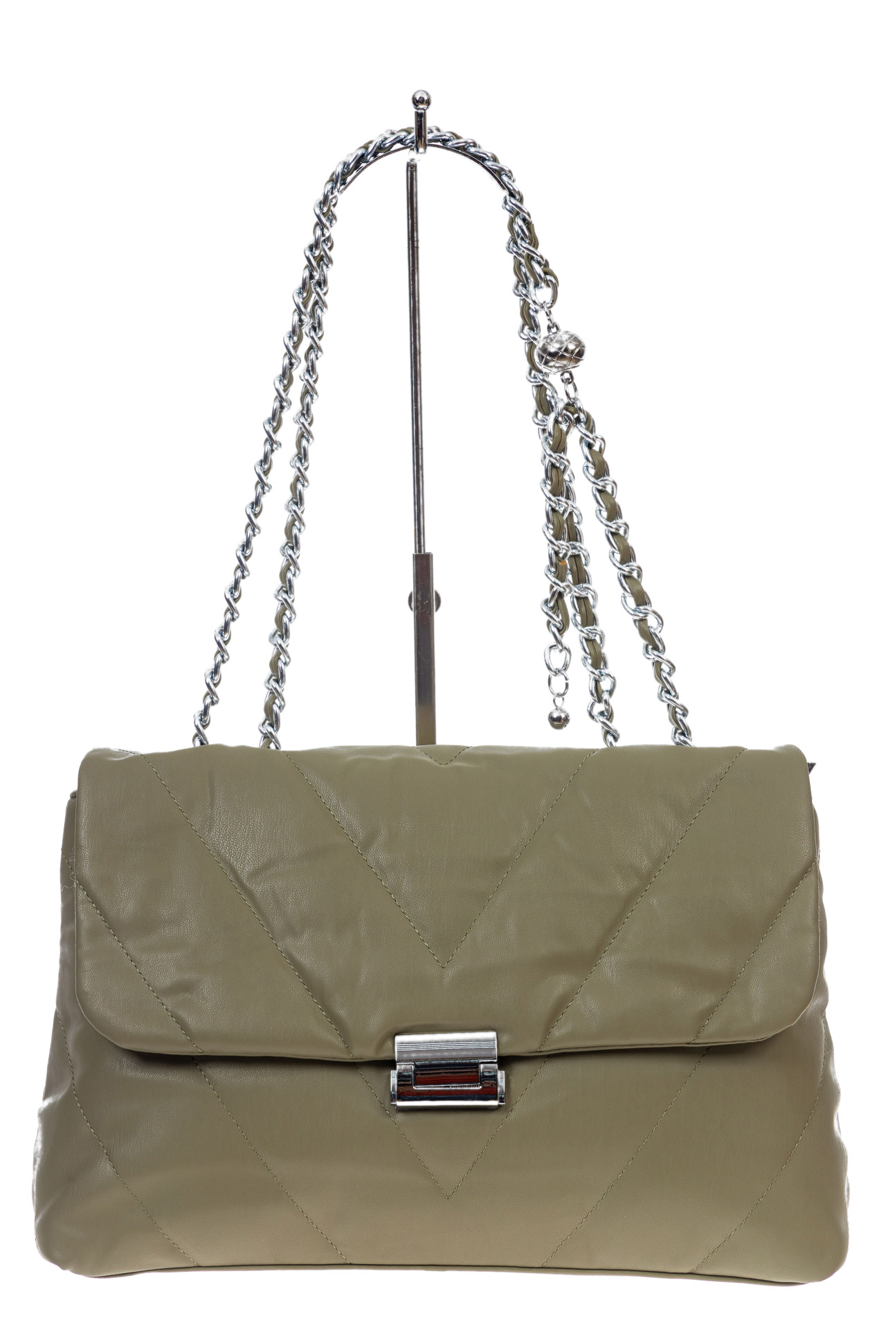 На фото 2 - Женская сумка стеганая с цепочкой из искусственной кожи, цвет зеленый