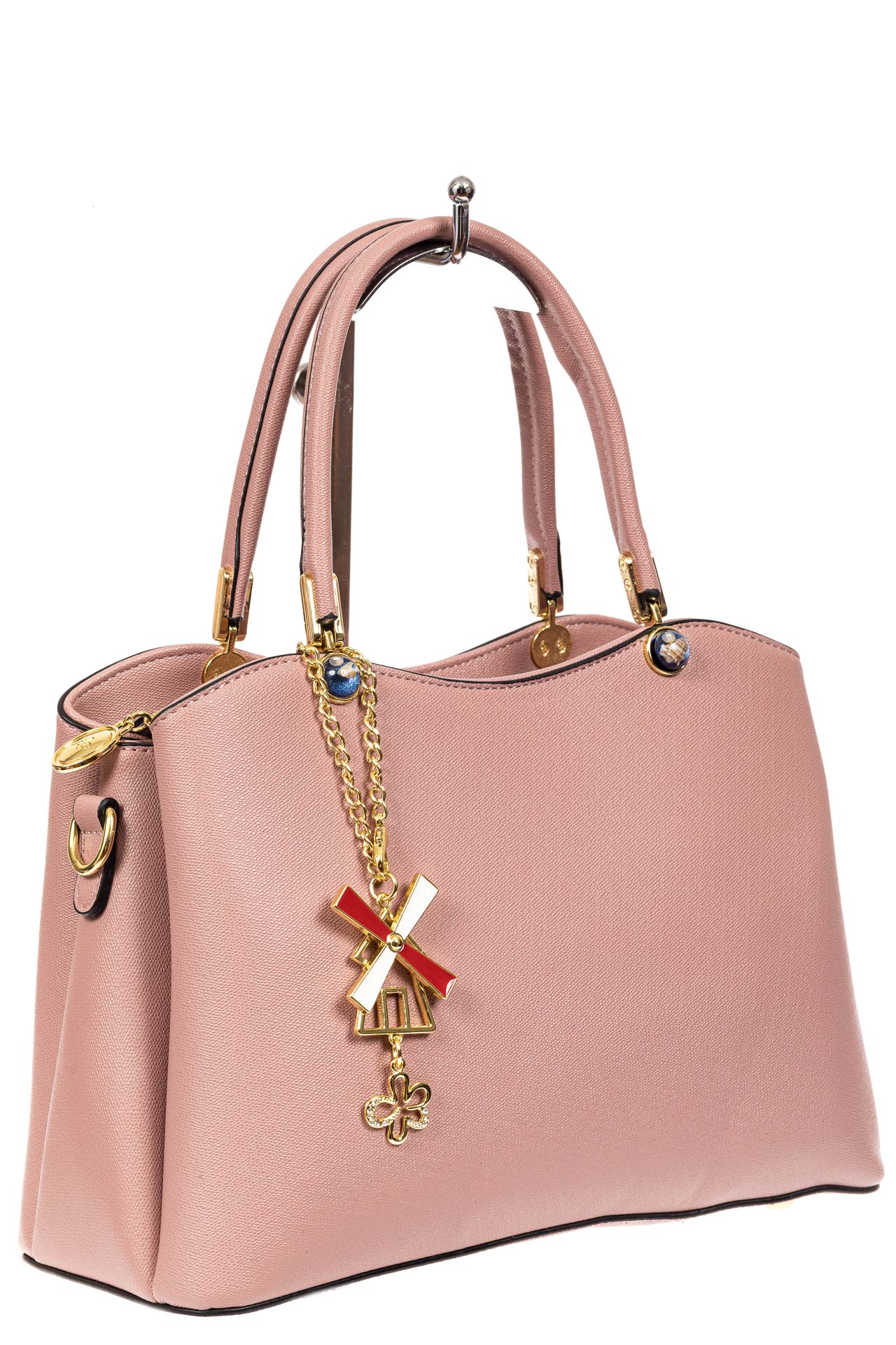 На фото 1 - Женская сумка тоут из кожзама с металлической подвеской, цвет розовый
