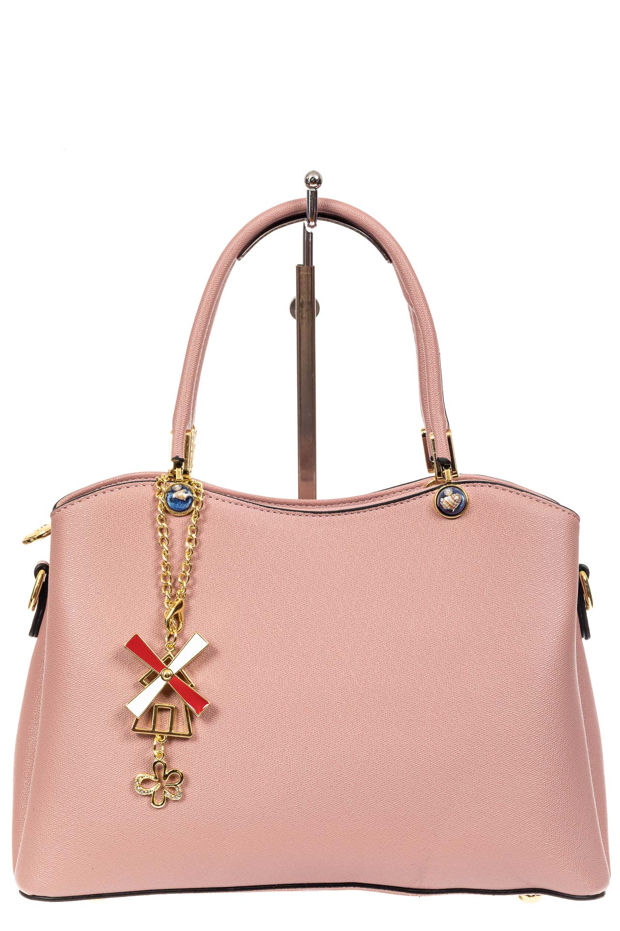 На фото 2 - Женская сумка тоут из кожзама с металлической подвеской, цвет розовый