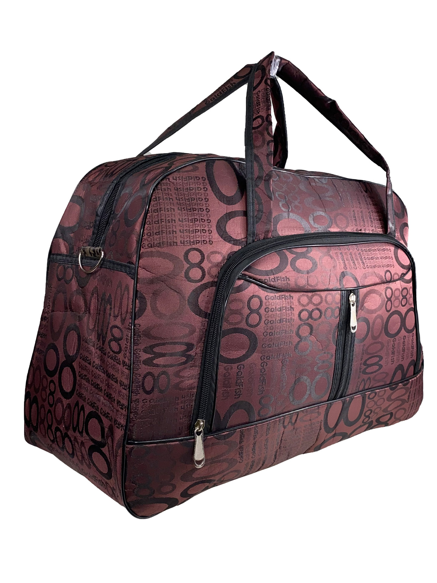 На фото 1 - Женская дорожная сумка из текстиля с принтом, цвет бордовый
