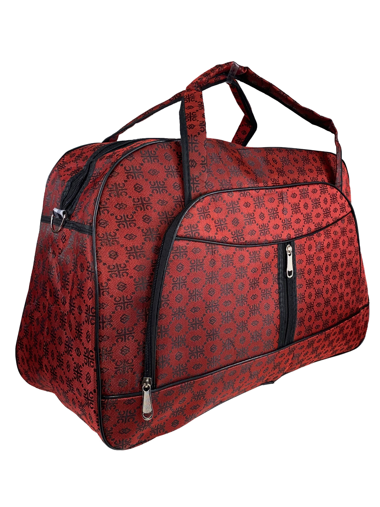 На фото 1 - Женская дорожная сумка из текстиля с принтом, цвет красный