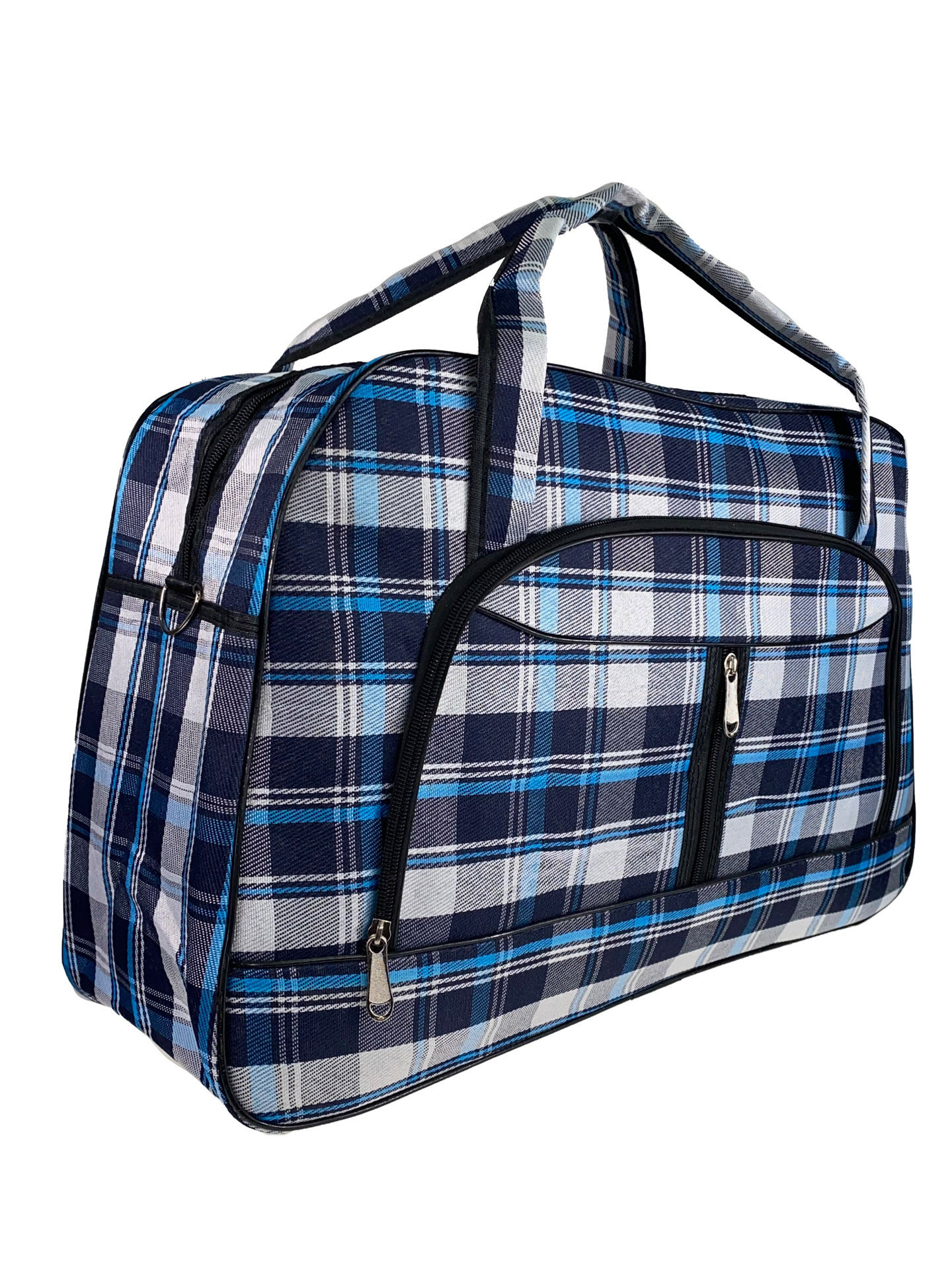 На фото 1 - Женская дорожная сумка из текстиля в клетку, оттенки синего с белым
