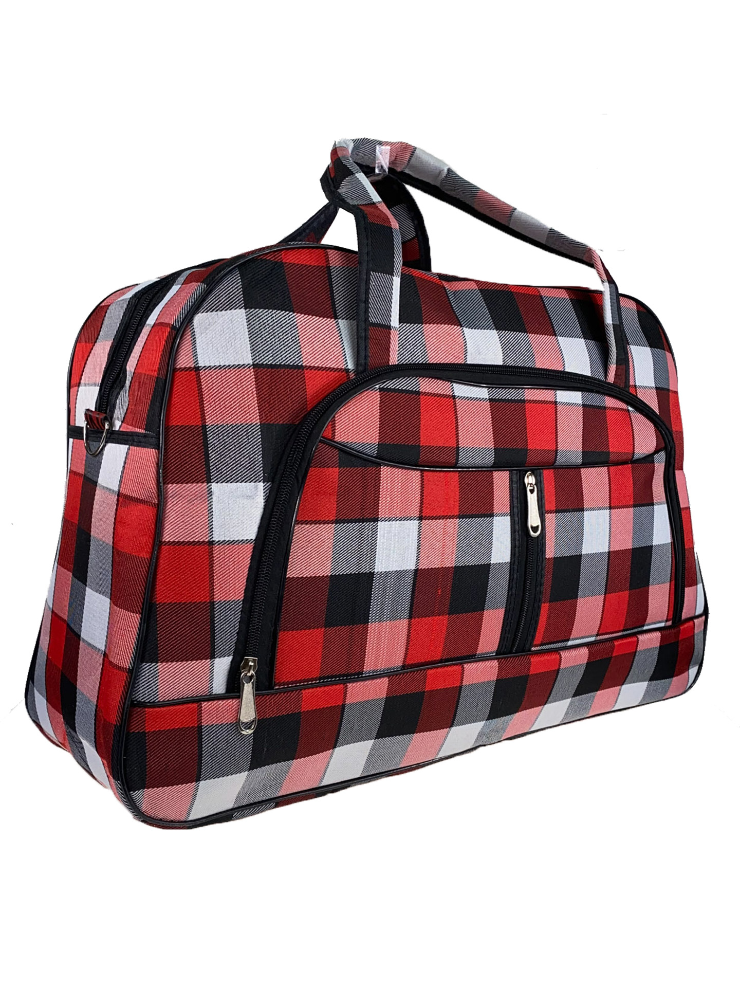 На фото 1 - Женская дорожная сумка из текстиля в клетку, оттенки красного с чёрным и белым