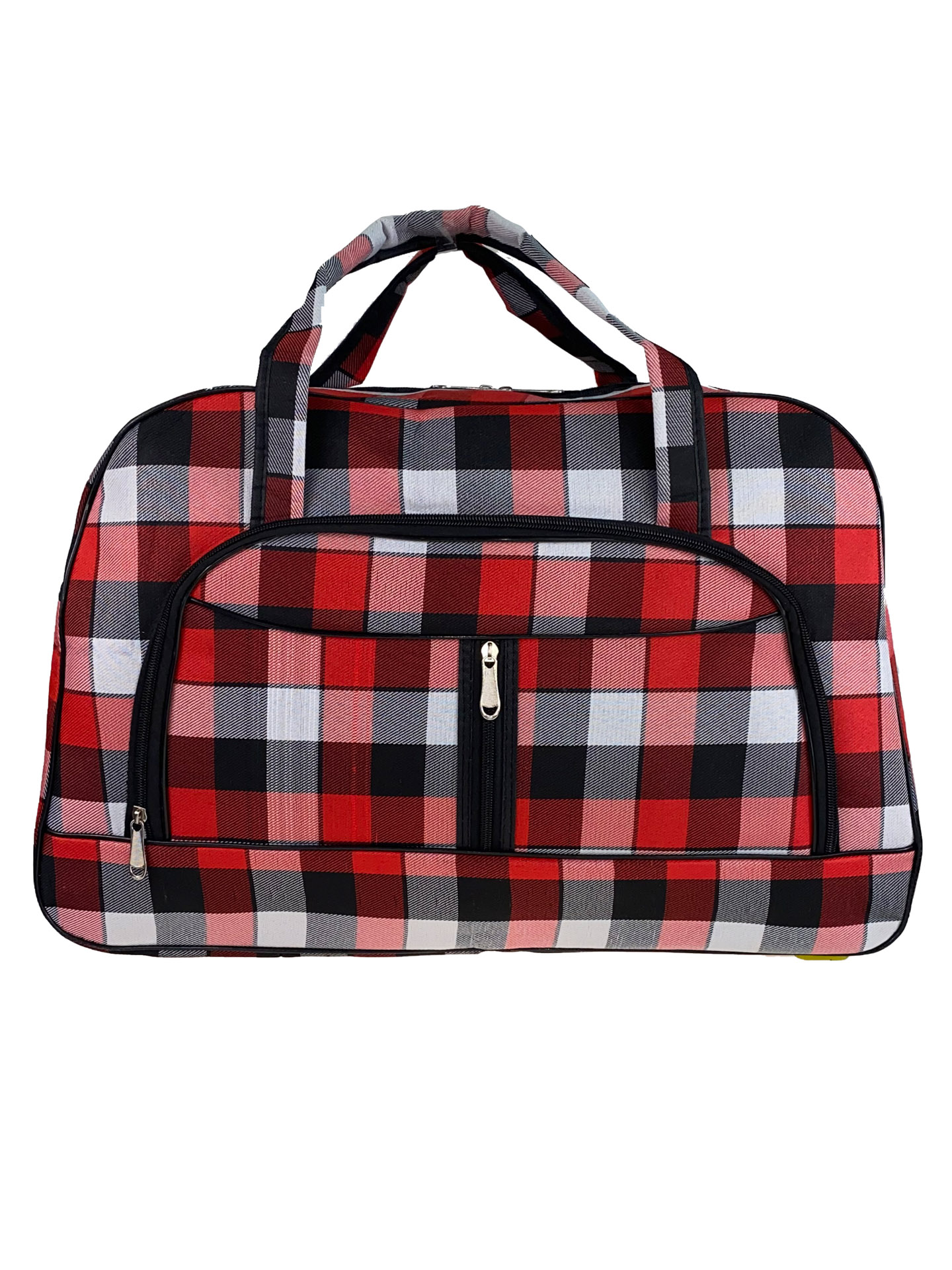 На фото 2 - Женская дорожная сумка из текстиля в клетку, оттенки красного с чёрным и белым
