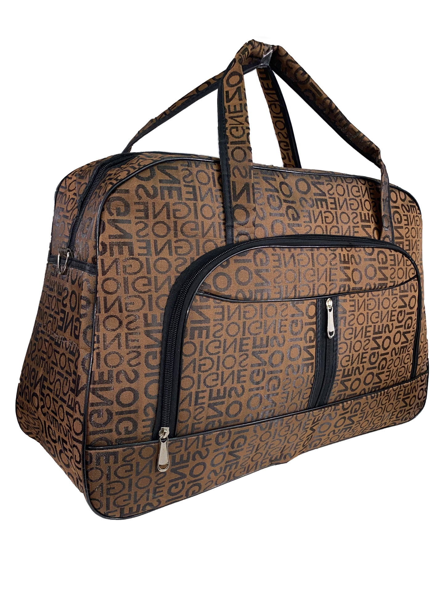 На фото 1 - Женская дорожная сумка из текстиля с принтом, цвет коричневый