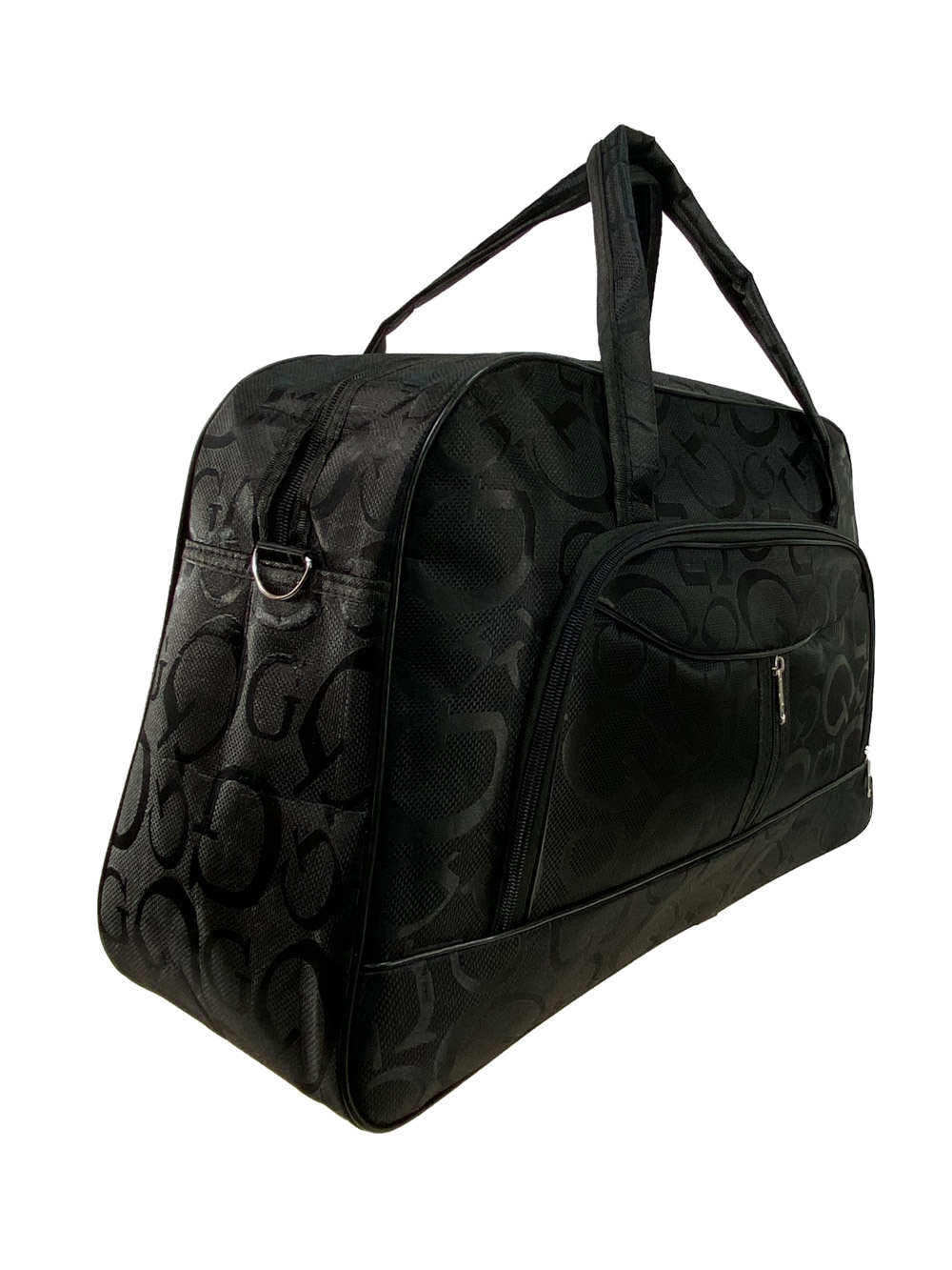 На фото 1 - Женская дорожная сумка из текстиля с принтом, цвет чёрный