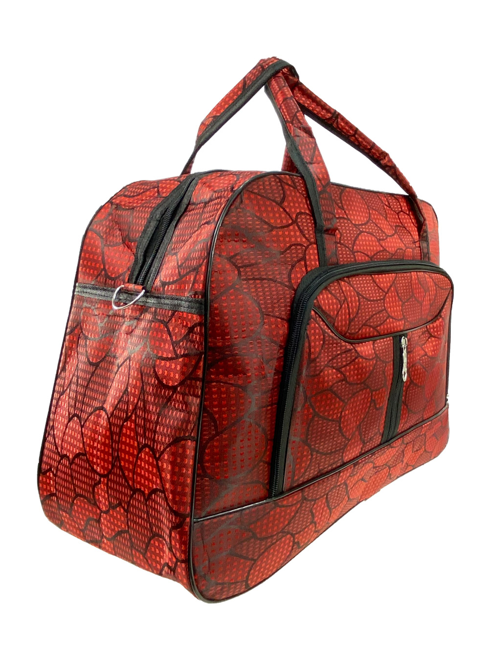 На фото 1 - Женская дорожная сумка из текстиля с принтом, цвет красный