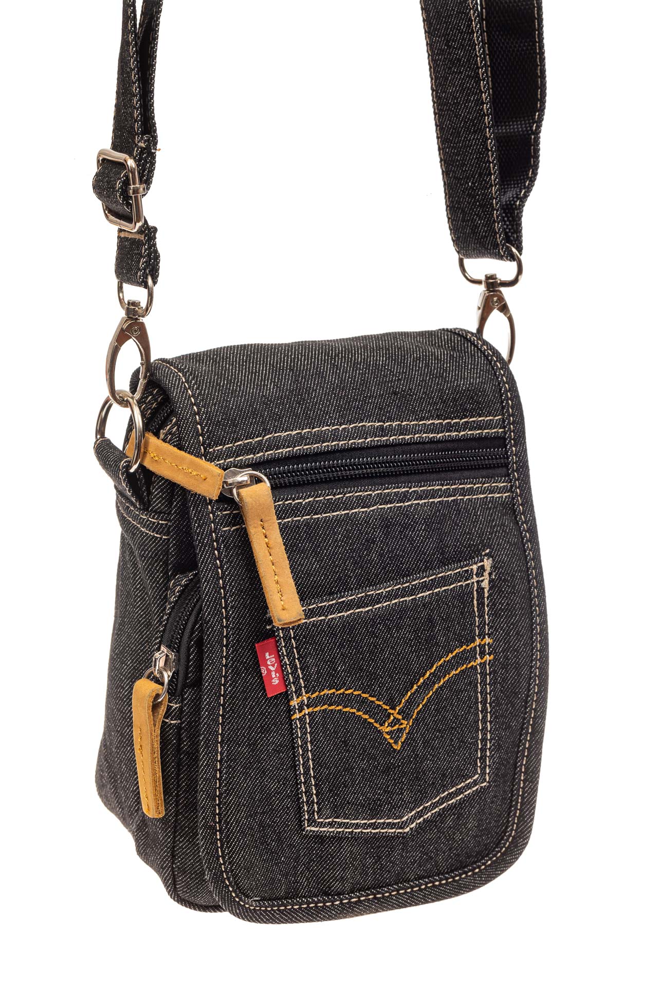 На фото 1 - Маленькая мужская сумка через плечо из джинсы, цвет темно-серый