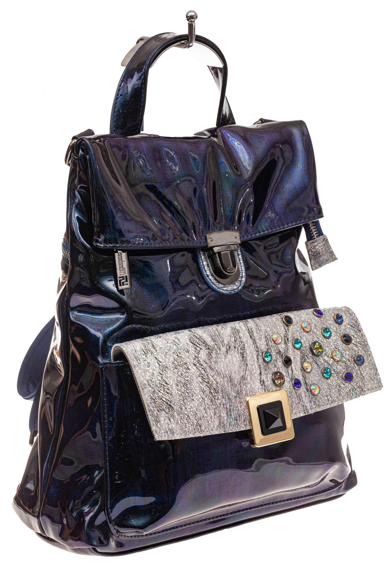 На фото 1 - Женский рюкзак из искусственной и натуральной кожи, основной цвет синий металлик