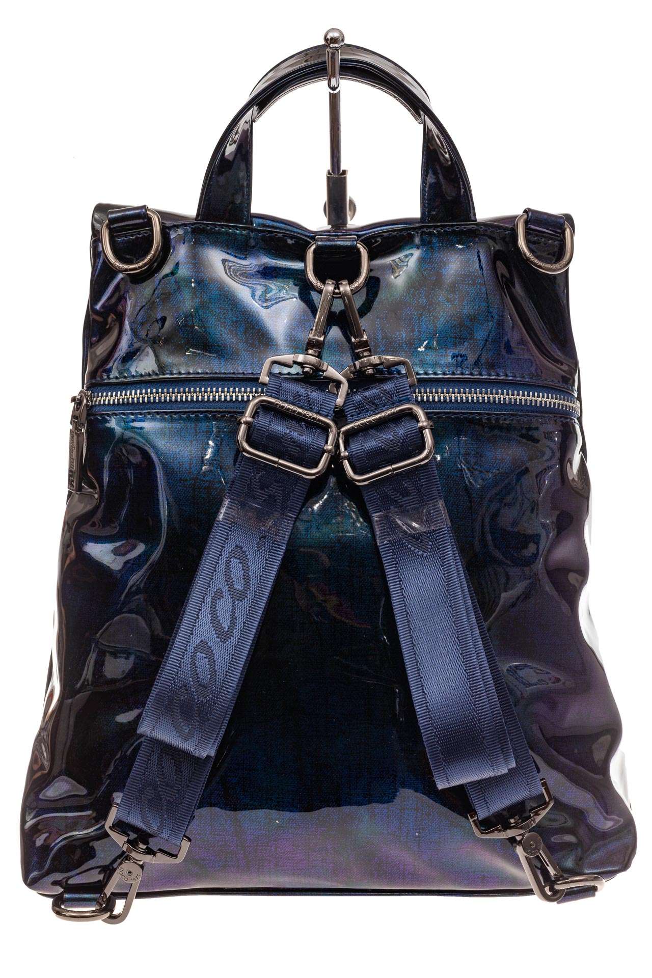 На фото 3 - Женский рюкзак из искусственной и натуральной кожи, основной цвет синий металлик