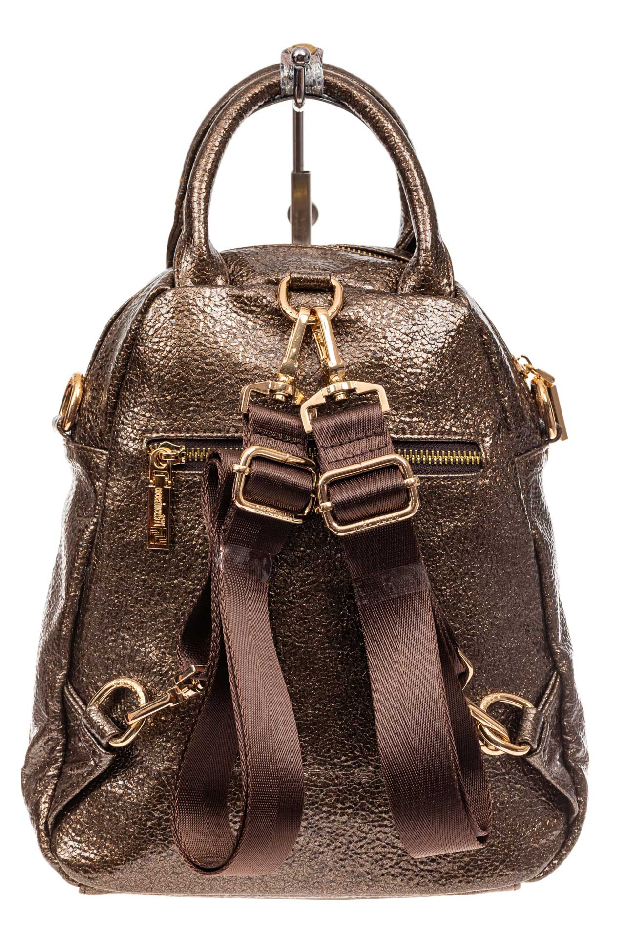 На фото 3 - Блестящий женский рюкзак из кожи с эффектом патины, цвет бронза