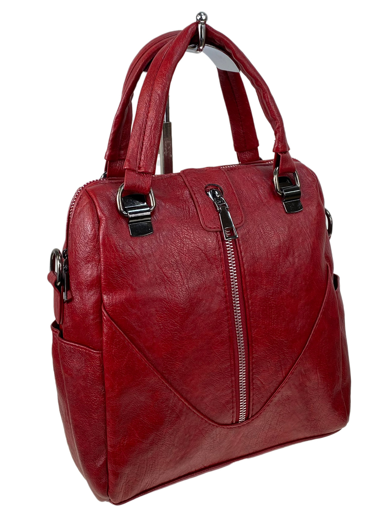 На фото 1 - Женская сумка-рюкзак из искусственной кожи, цвет красный