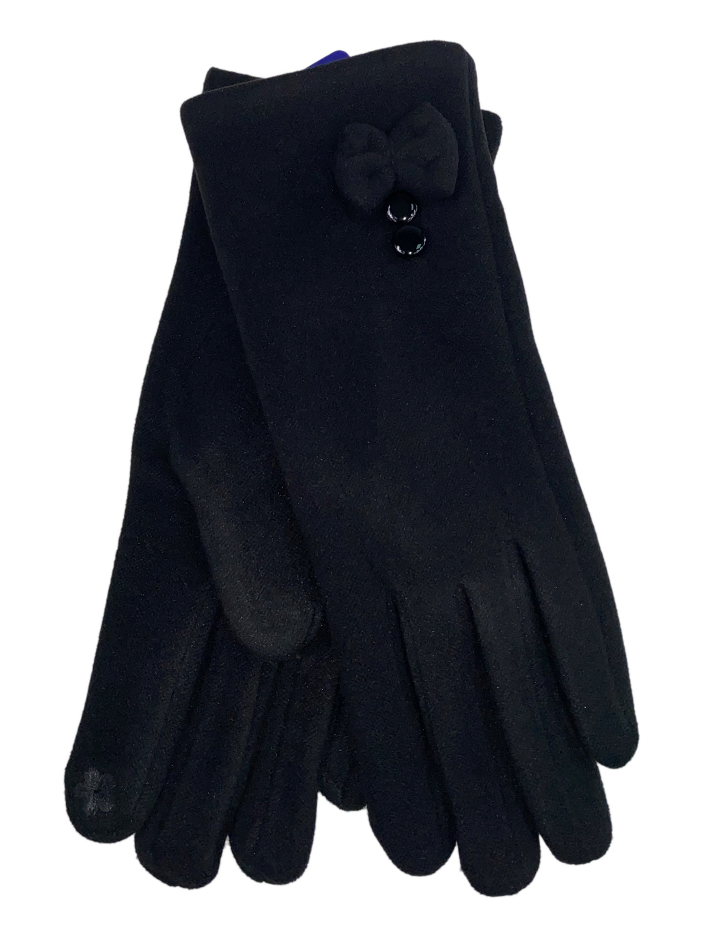 На фото 1 - Утеплённые женские перчатки из велюра с декором, цвет чёрный