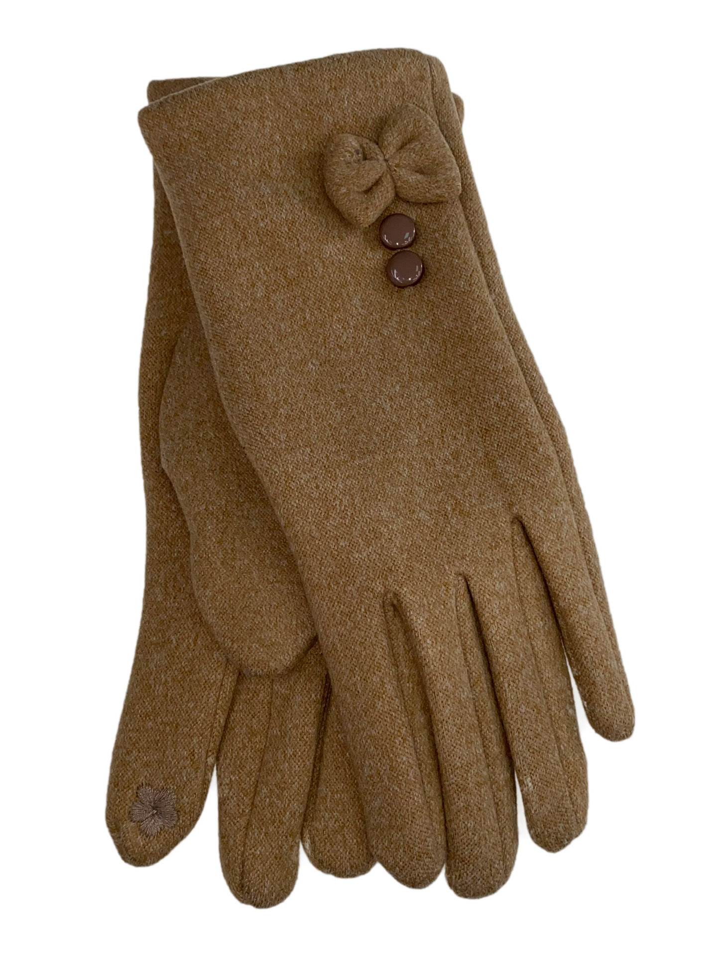 На фото 1 - Утеплённые женские перчатки из велюра с декором, цвет песочный