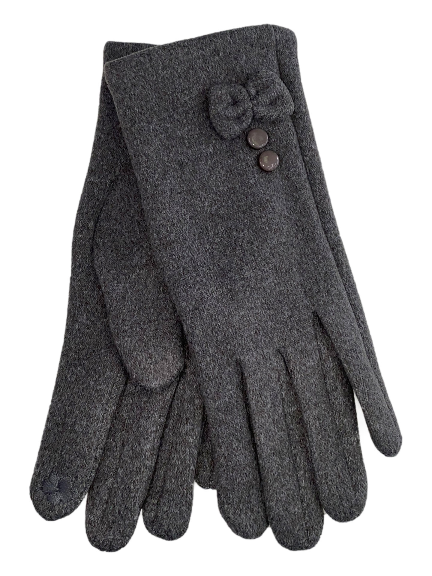 На фото 1 - Утеплённые женские перчатки из велюра с декором, цвет серый