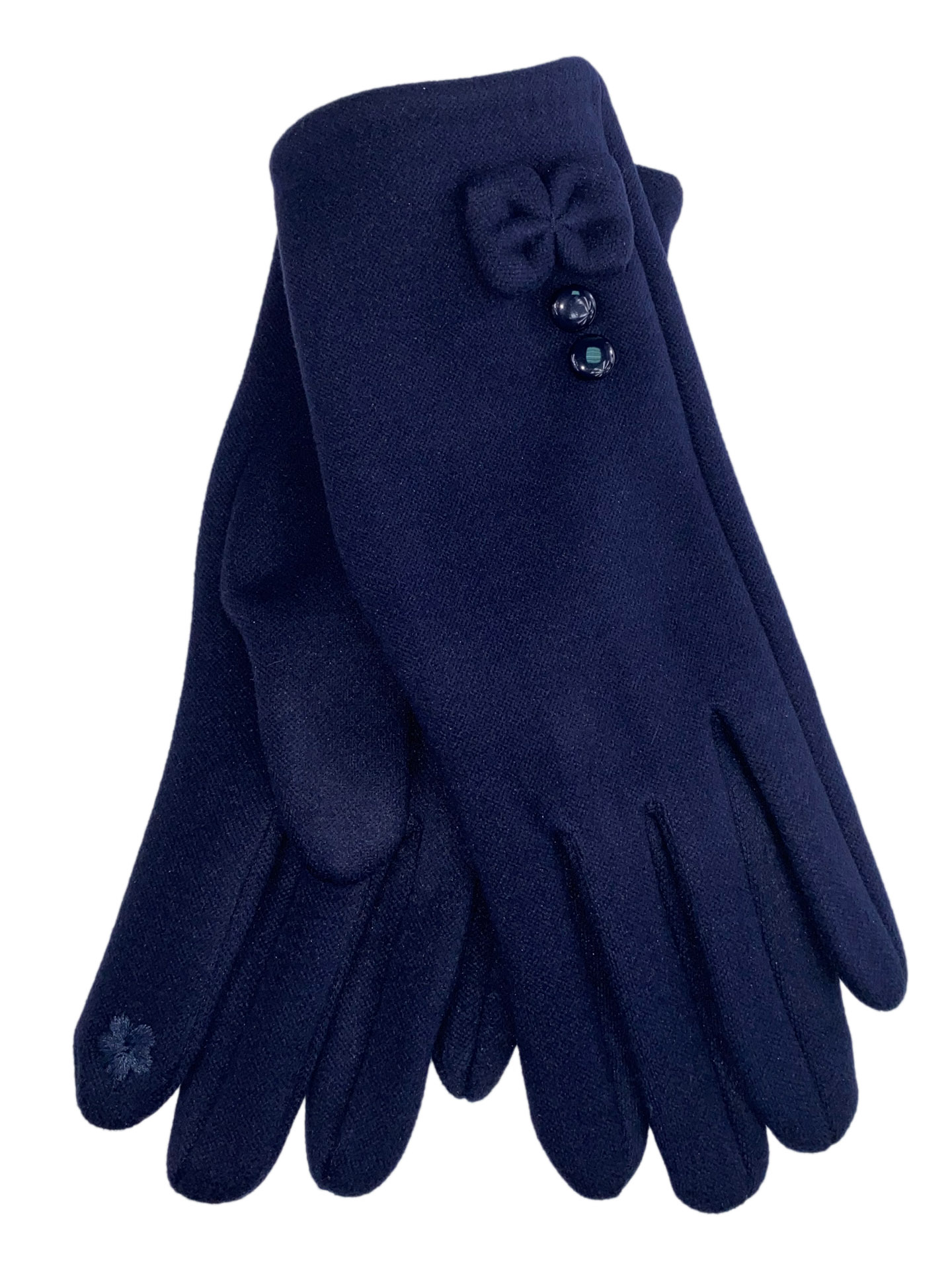 На фото 1 - Утеплённые женские перчатки из велюра с декором, цвет тёмно-синий