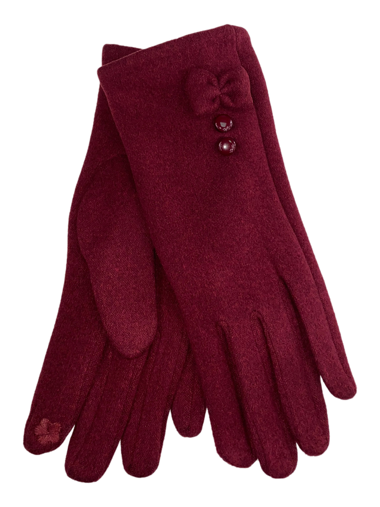 На фото 1 - Утеплённые женские перчатки из велюра с декором, цвет бордовый 