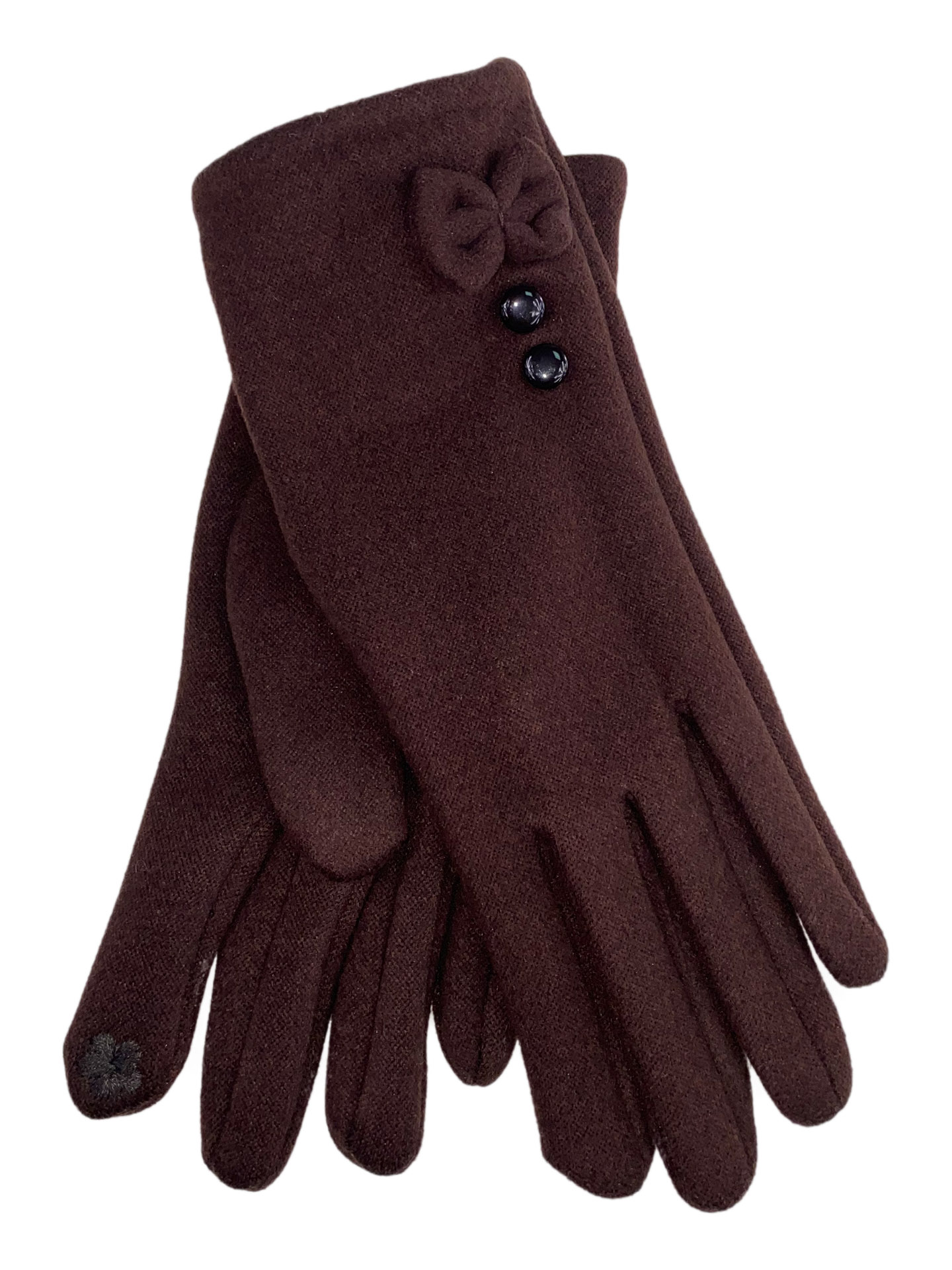 На фото 1 - Утеплённые женские перчатки из велюра с декором, цвет шоколад