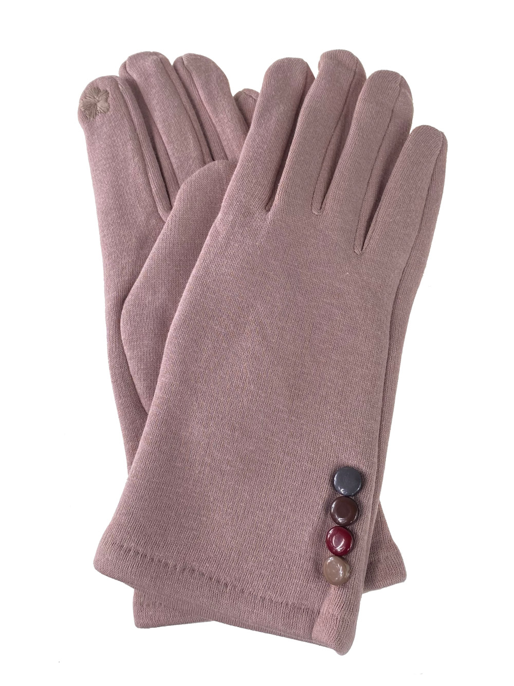 На фото 1 - Женские утеплённые перчатки из велюра с декором, цвет пудровый