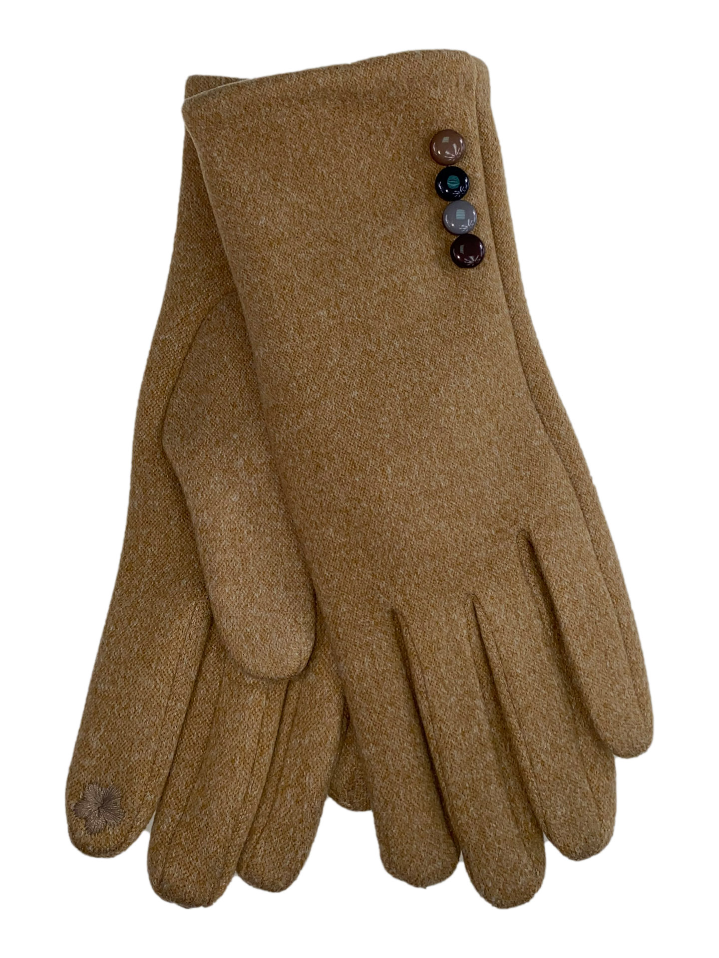 На фото 1 - Женские утеплённые перчатки из велюра с декором, цвет песочный