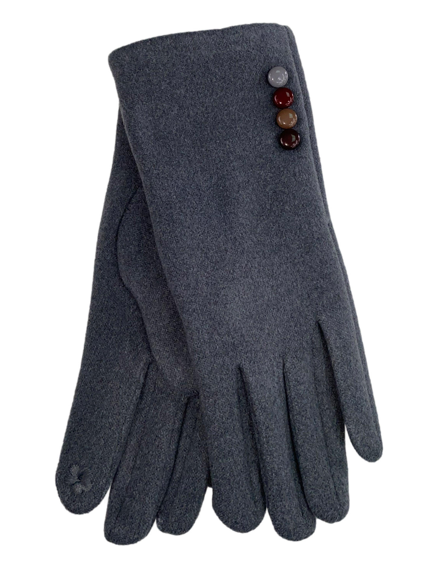 На фото 1 - Женские утеплённые перчатки из велюра с декором, цвет серый