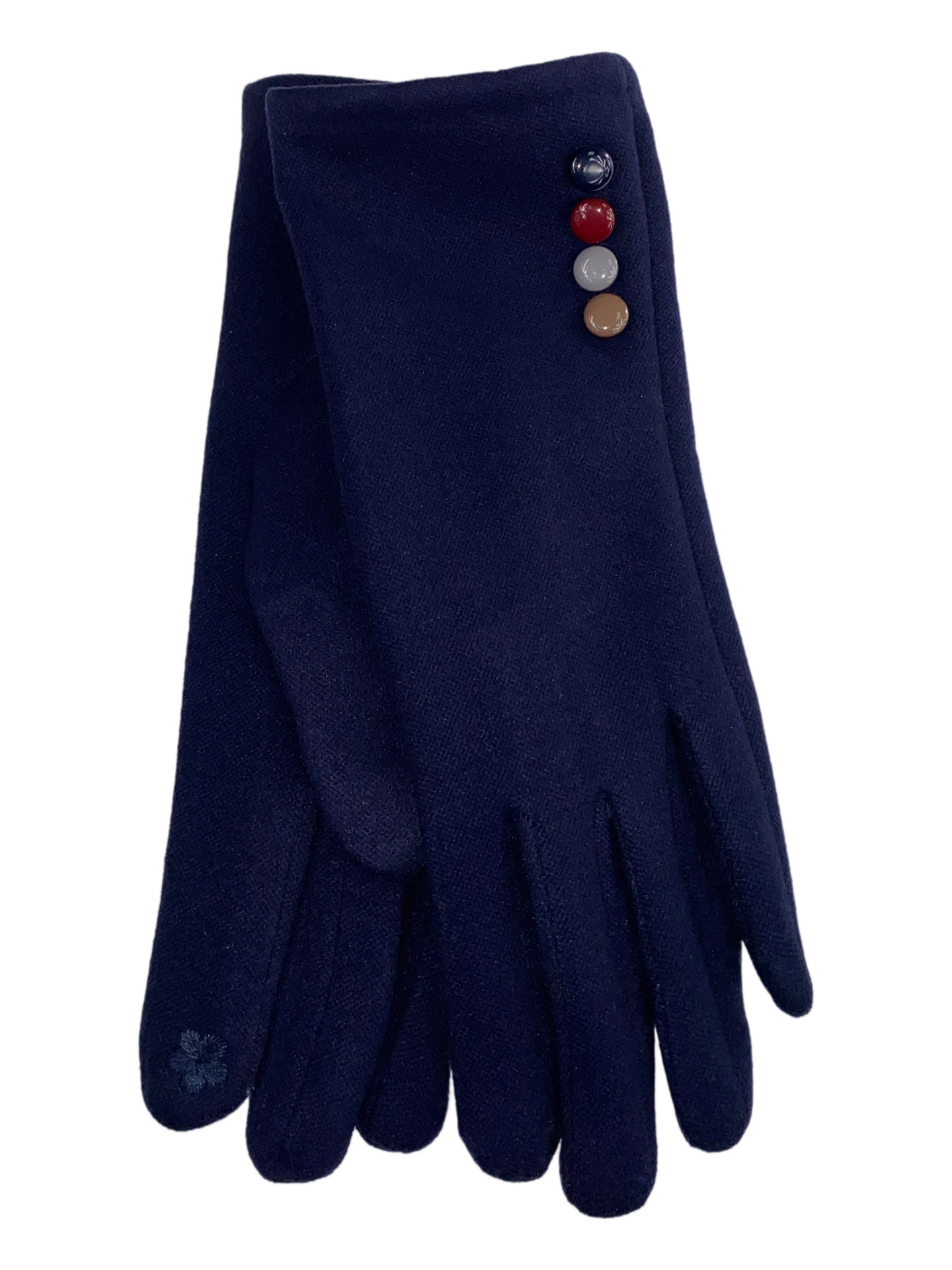 На фото 1 - Женские утеплённые перчатки из велюра с декором, цвет тёмно-синий