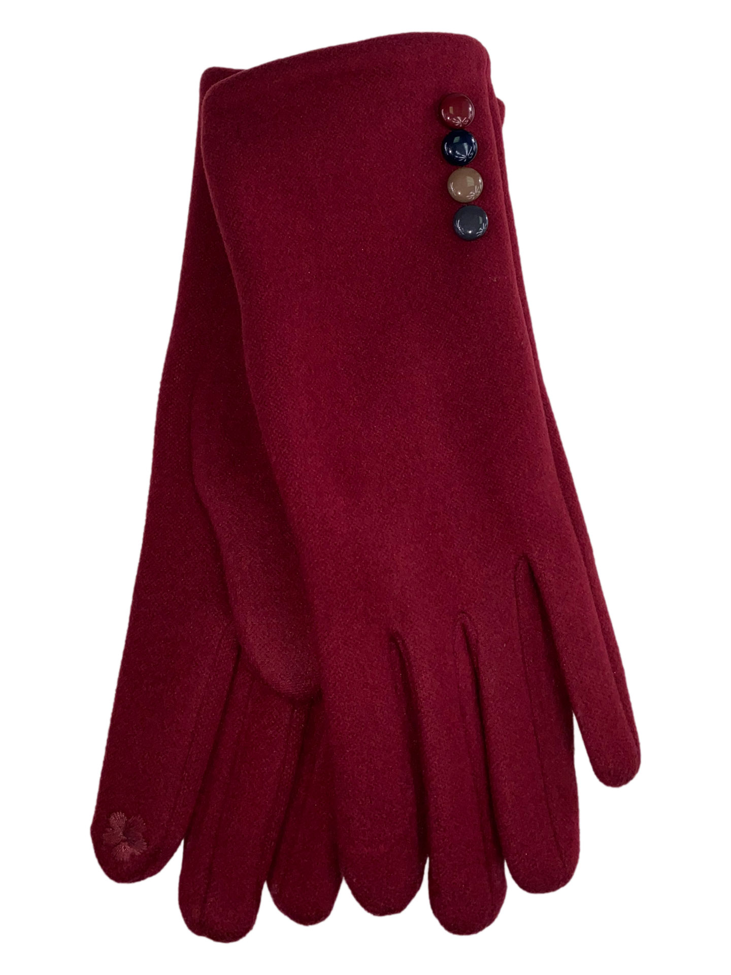 На фото 1 - Женские утеплённые перчатки из велюра с декором, цвет бордовый